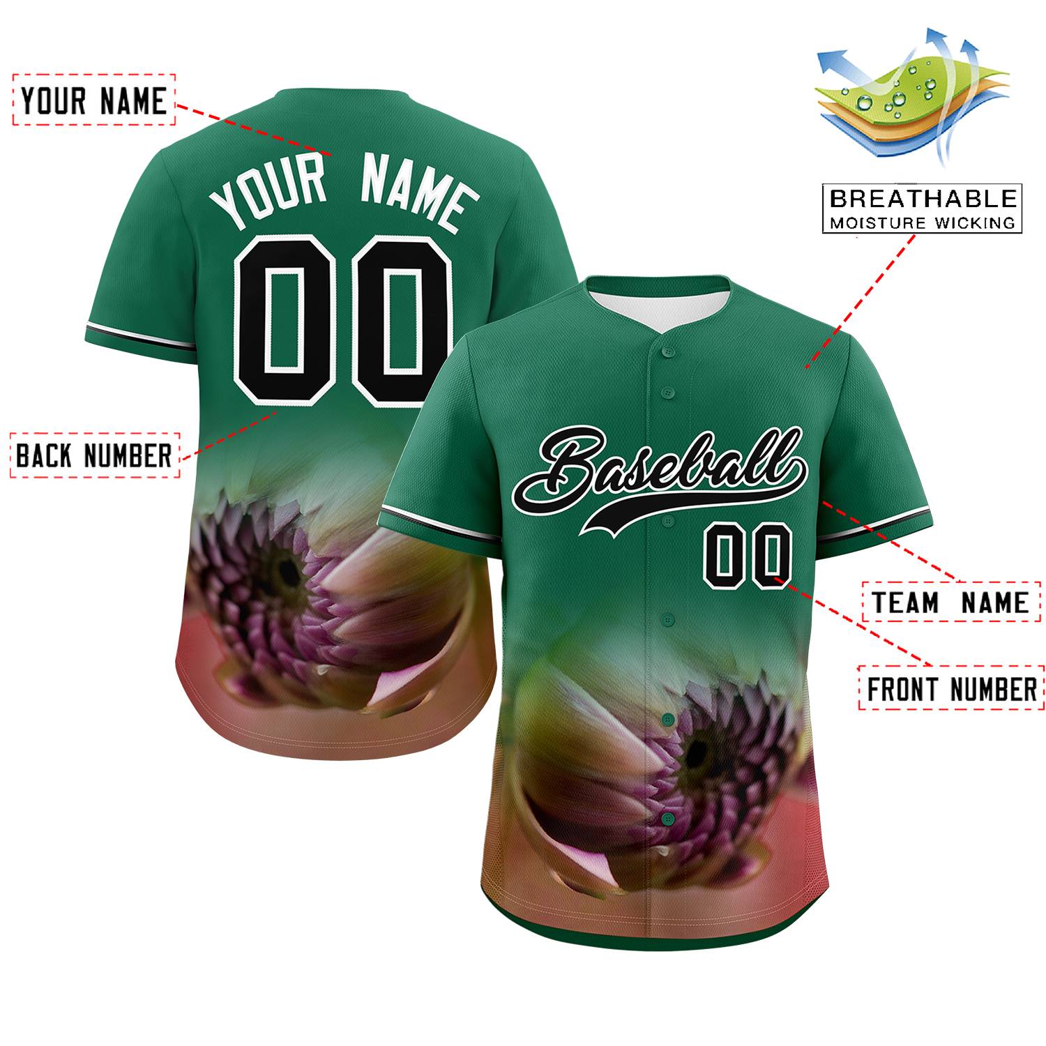 Custom Kelly Green Personalized 3D Flower Design Authentic Baseball Jersey