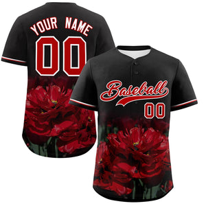 Custom Black Personalized 3D Flower Design Authentic Baseball Jersey