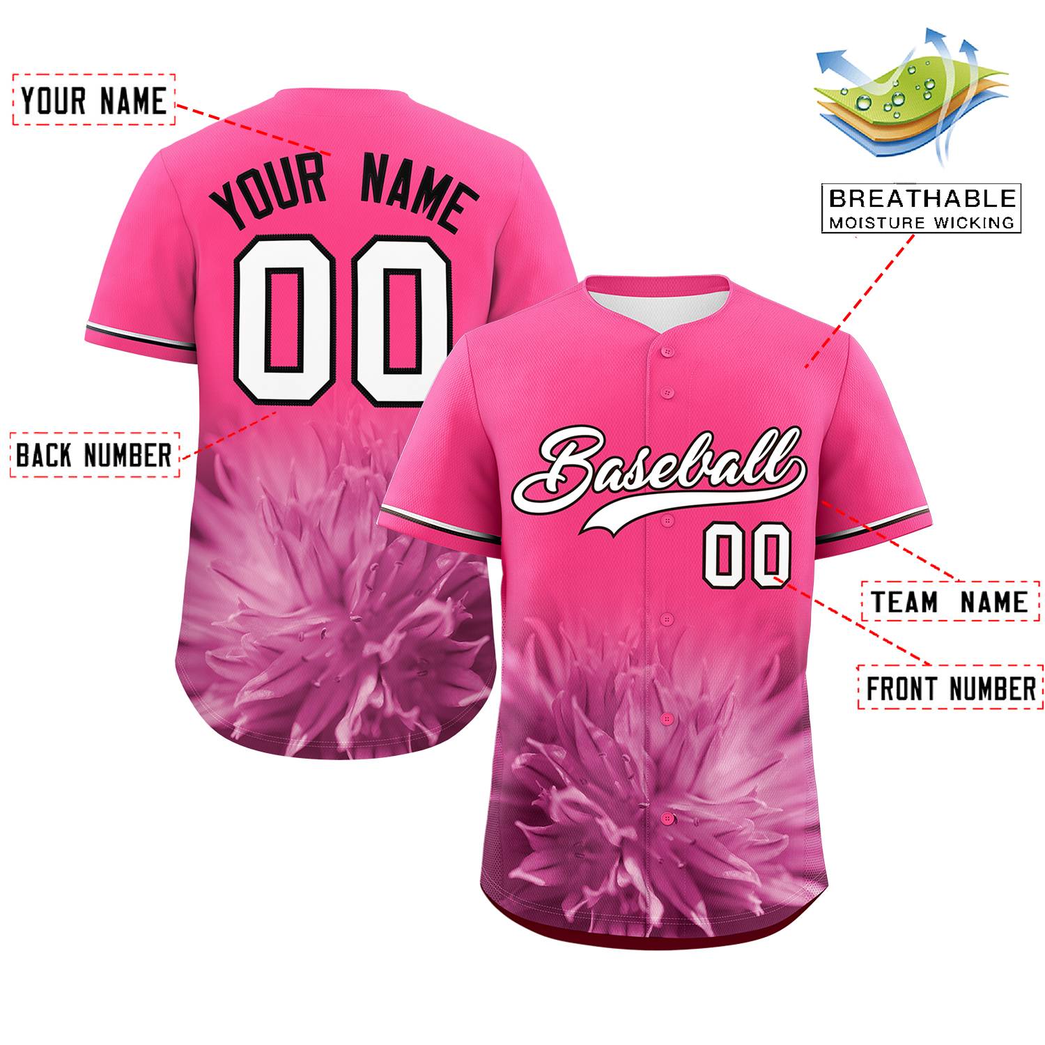 Custom Pink Personalized 3D Flower Design Authentic Baseball Jersey