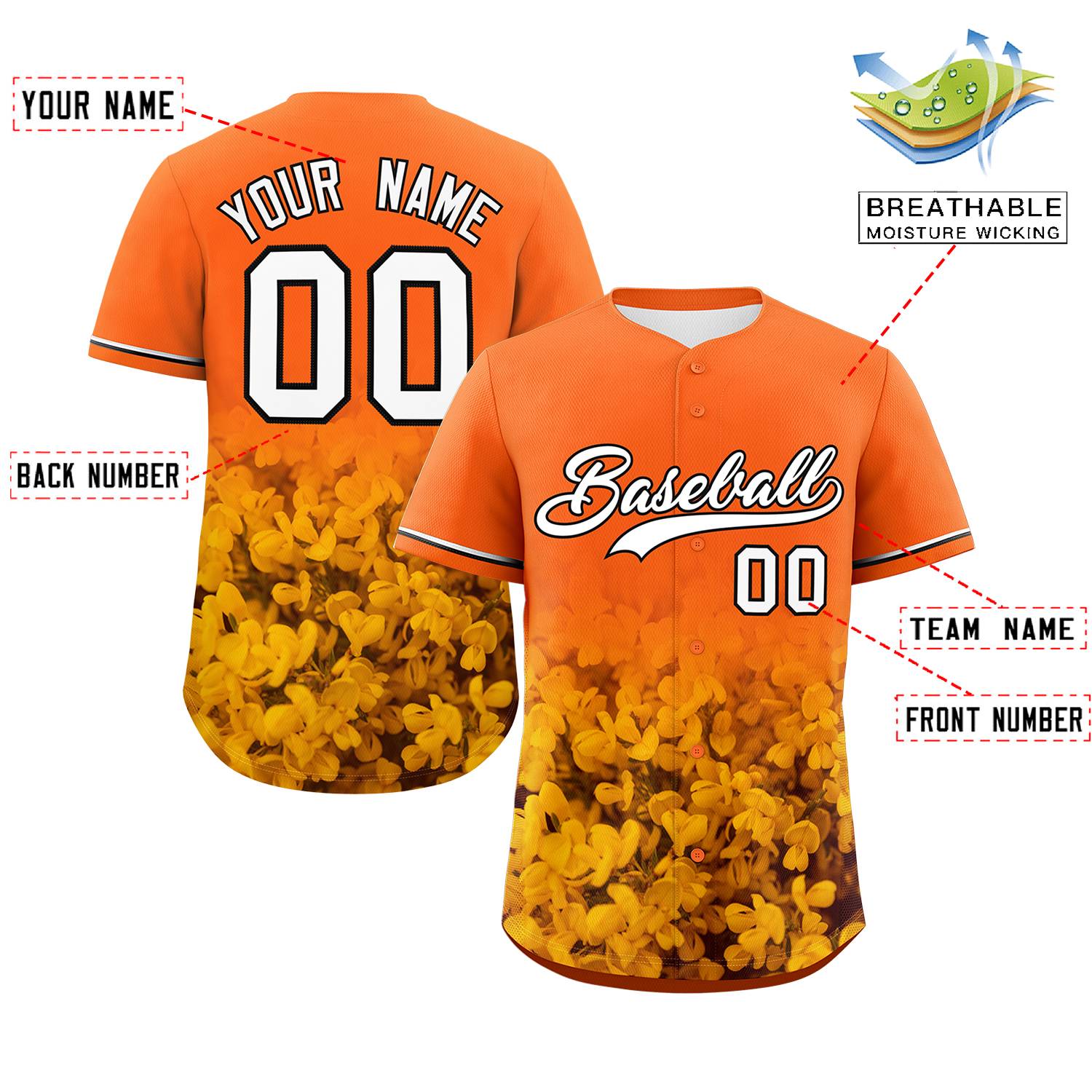 Custom Orange Personalized 3D Flower Design Authentic Baseball Jersey