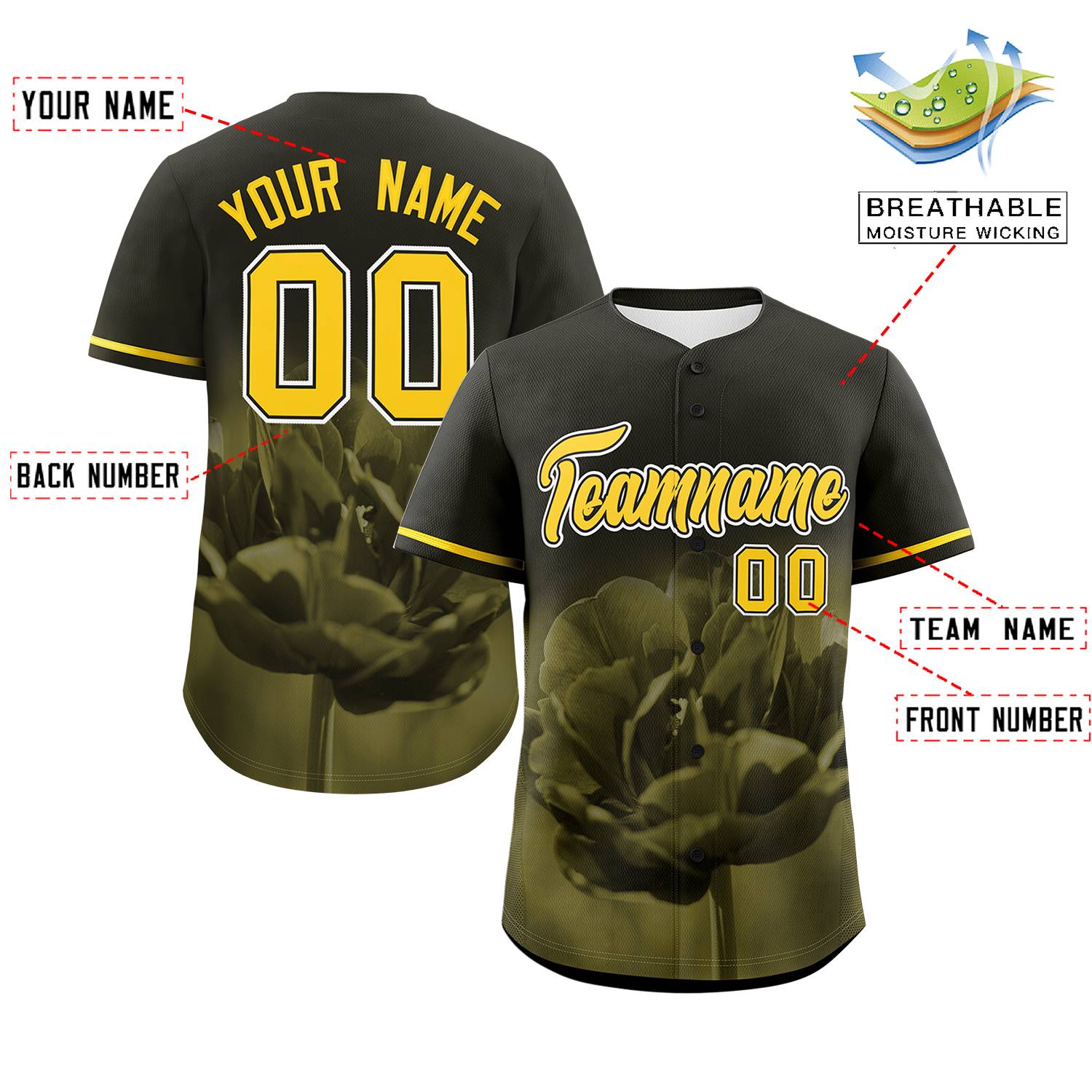 Custom Black Personalized 3D Flower Design Authentic Baseball Jersey