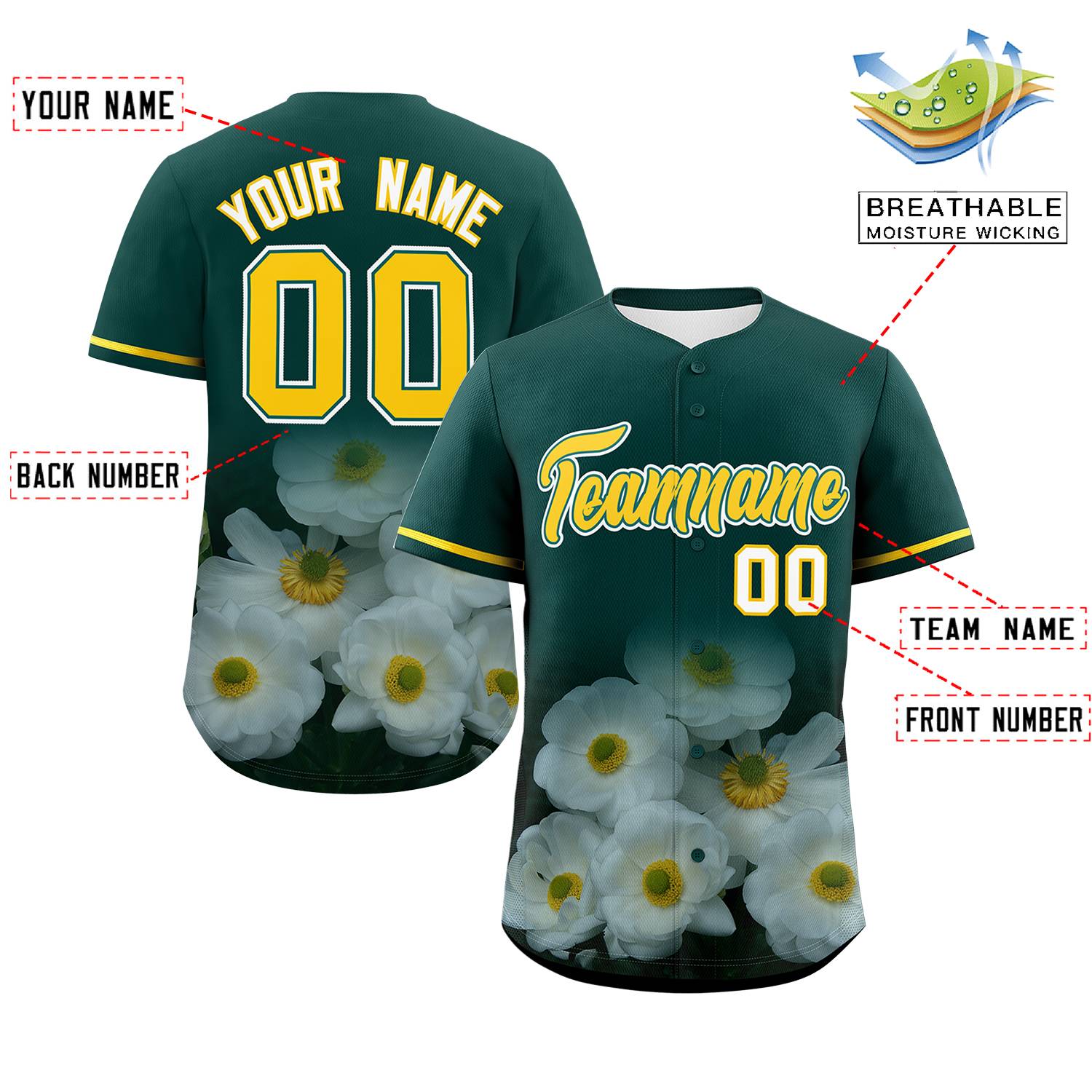 Custom Green Personalized 3D Flower Design Authentic Baseball Jersey