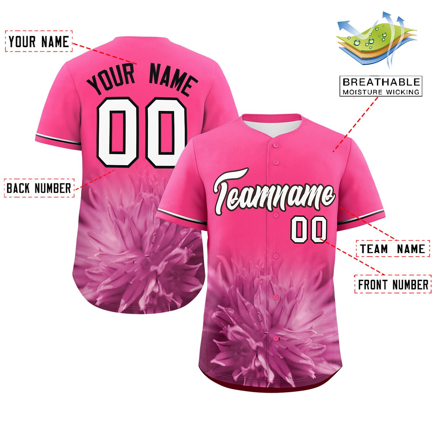 Custom Pink Personalized 3D Flower Design Authentic Baseball Jersey