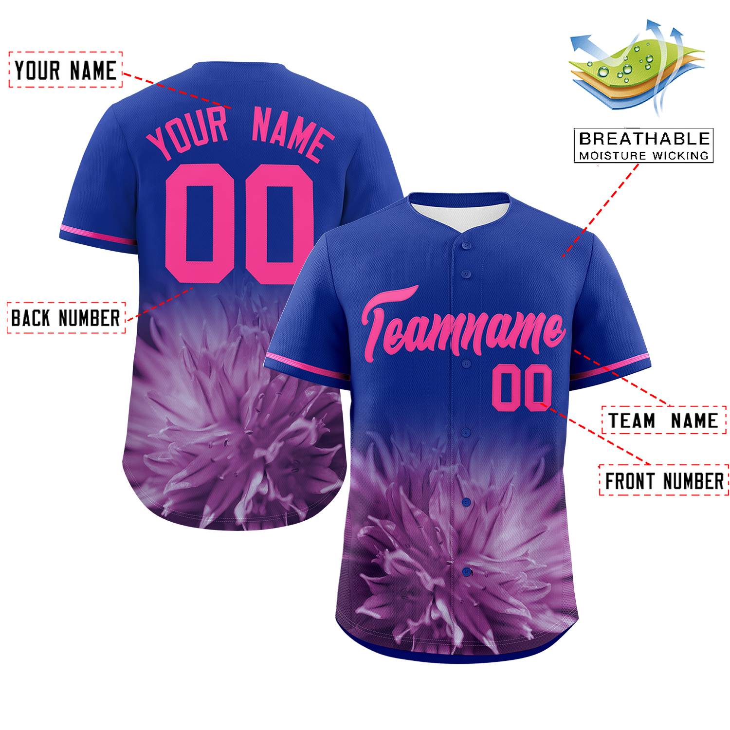 Custom Royal Personalized 3D Flower Design Authentic Baseball Jersey