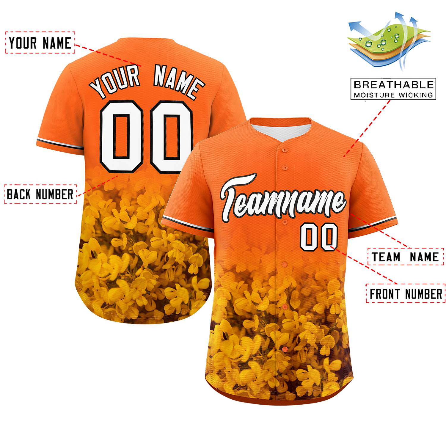 Custom Orange Personalized 3D Flower Design Authentic Baseball Jersey