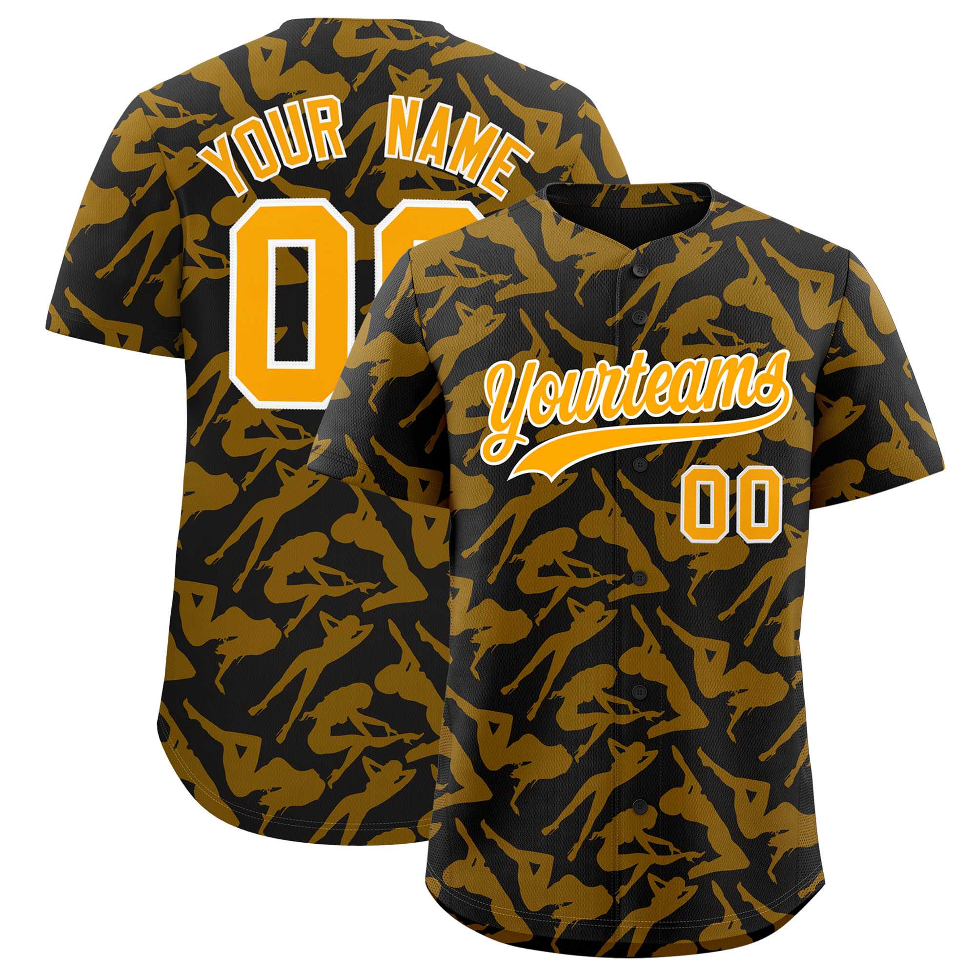 Custom Black Gold Playboy Graffiti Pattern Authentic Baseball Jersey