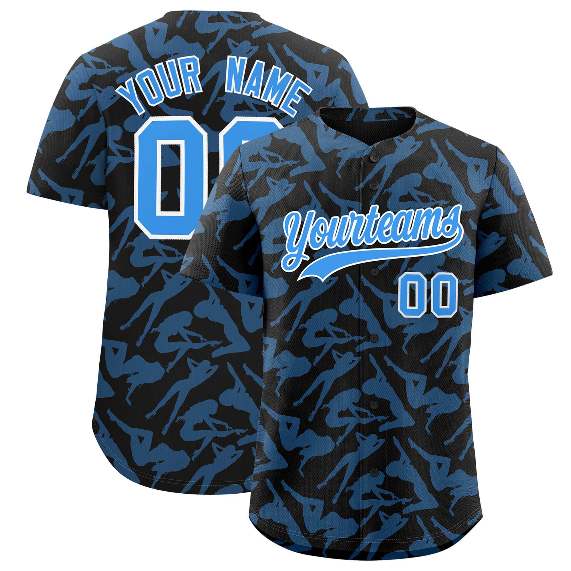 Custom Black Powder Blue Playboy Graffiti Pattern Authentic Baseball Jersey