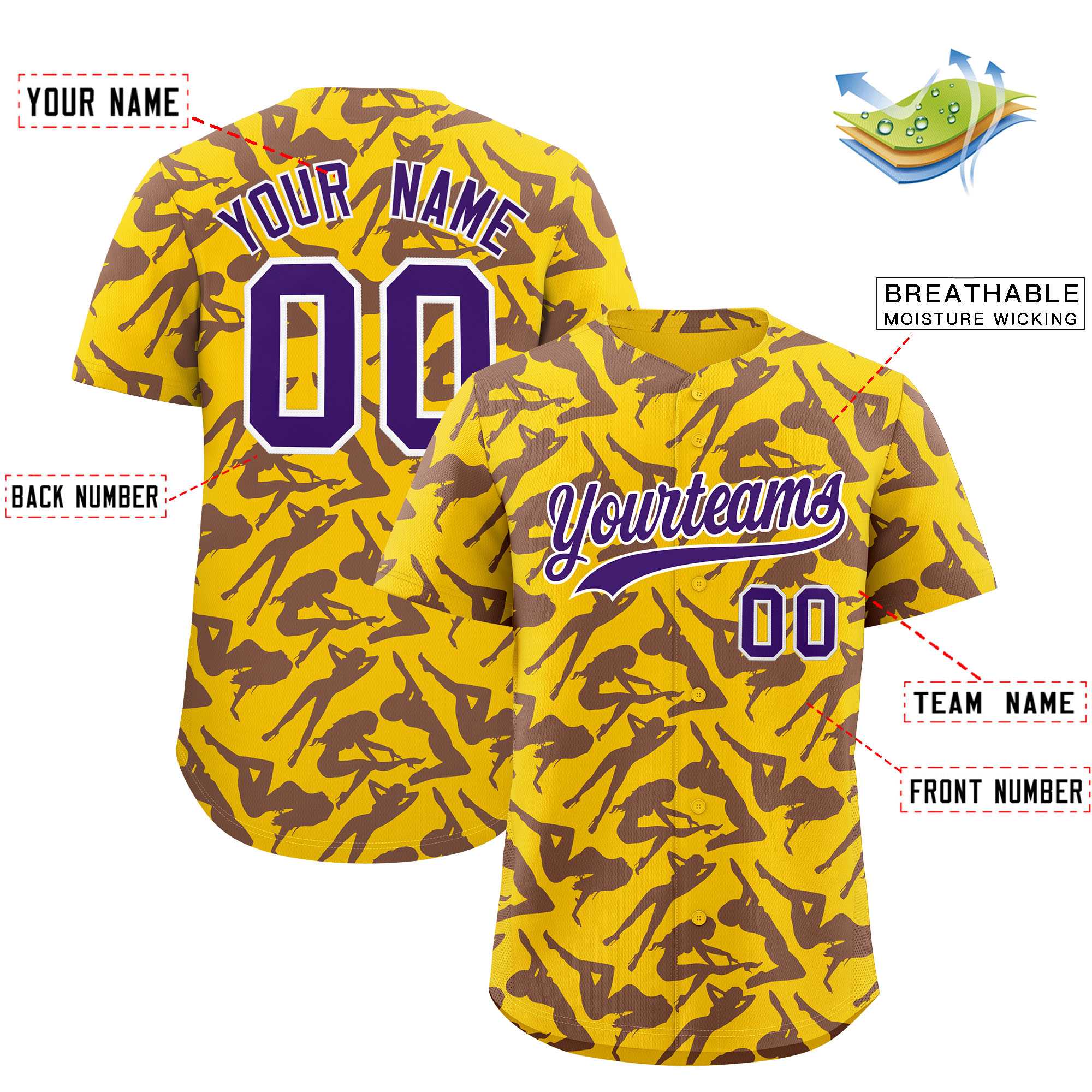 Custom Gold Purple Playboy Graffiti Pattern Authentic Baseball Jersey