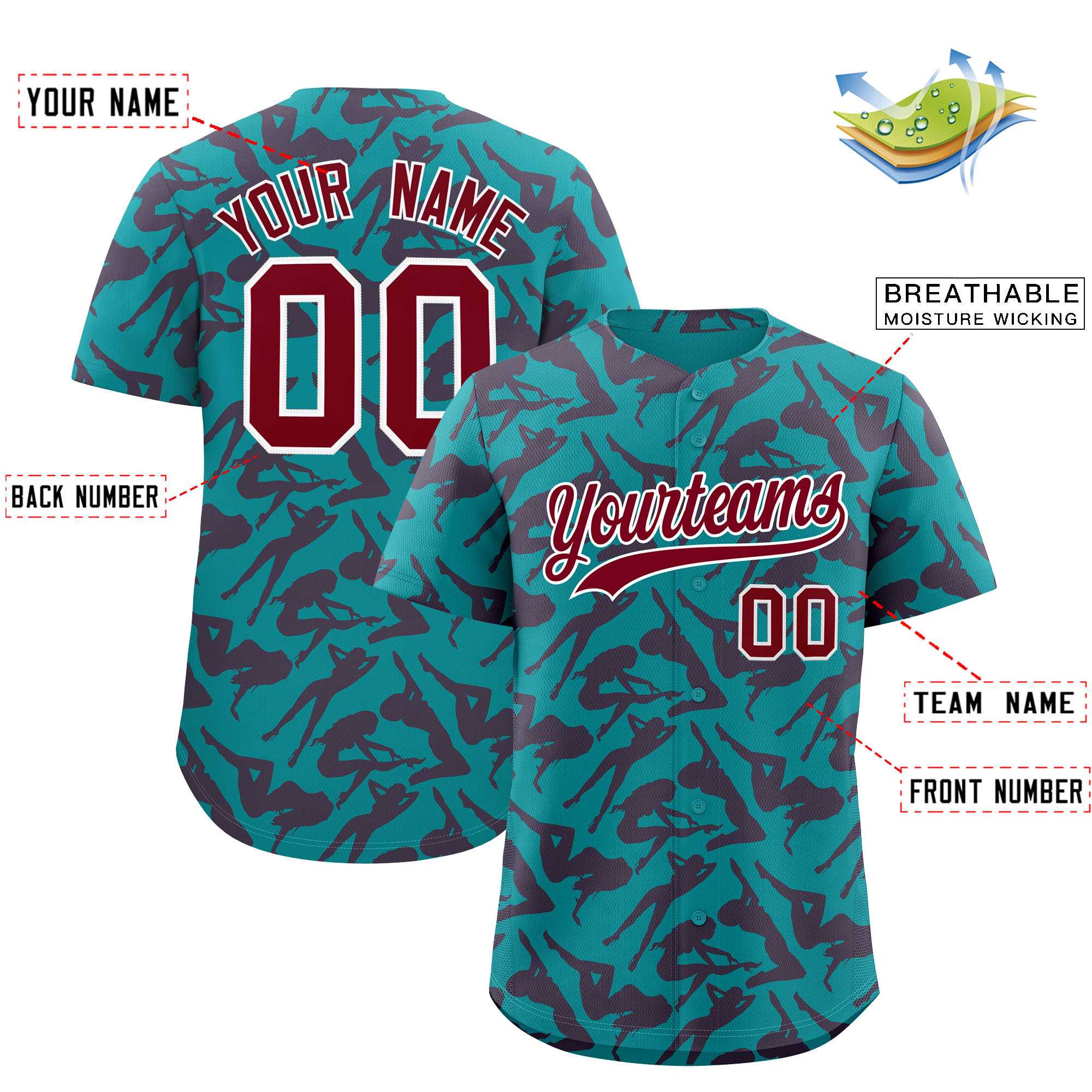 Custom Aqua Crimson Playboy Graffiti Pattern Authentic Baseball Jersey