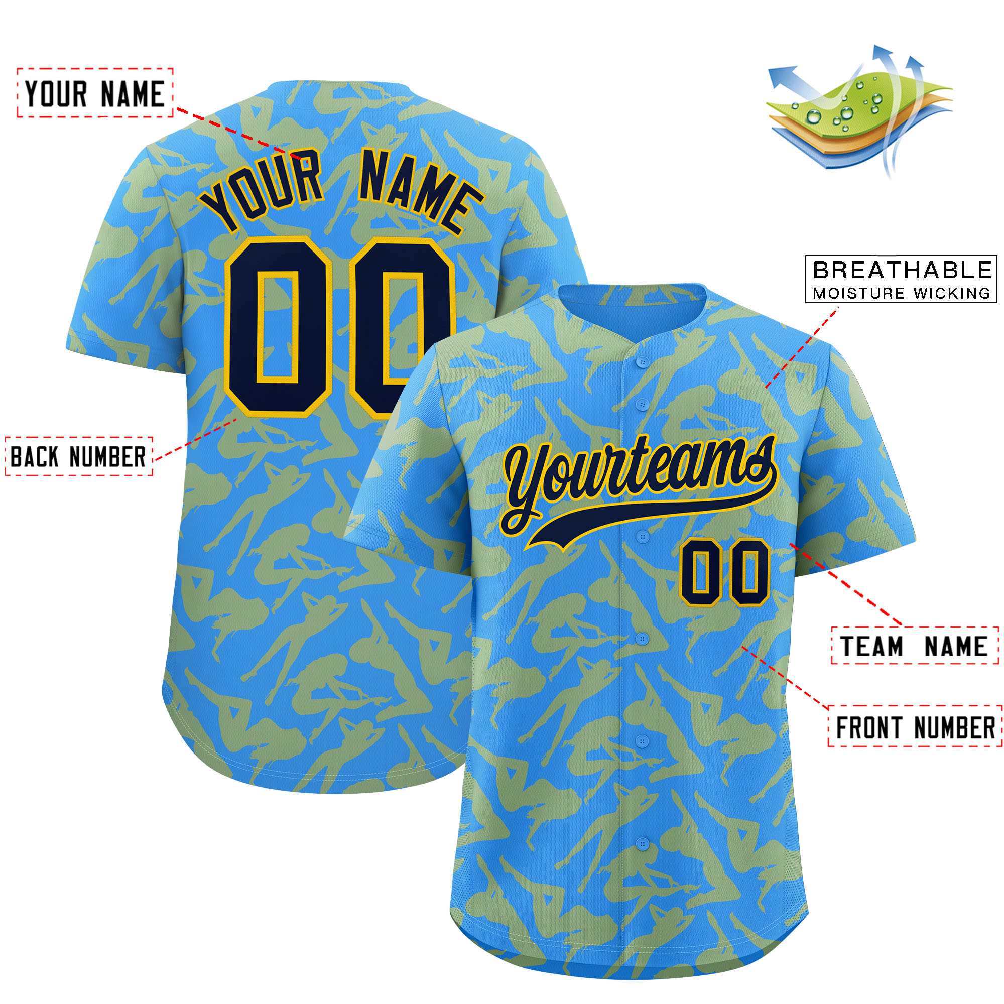 Custom Powder Blue Gold Playboy Graffiti Pattern Authentic Baseball Jersey