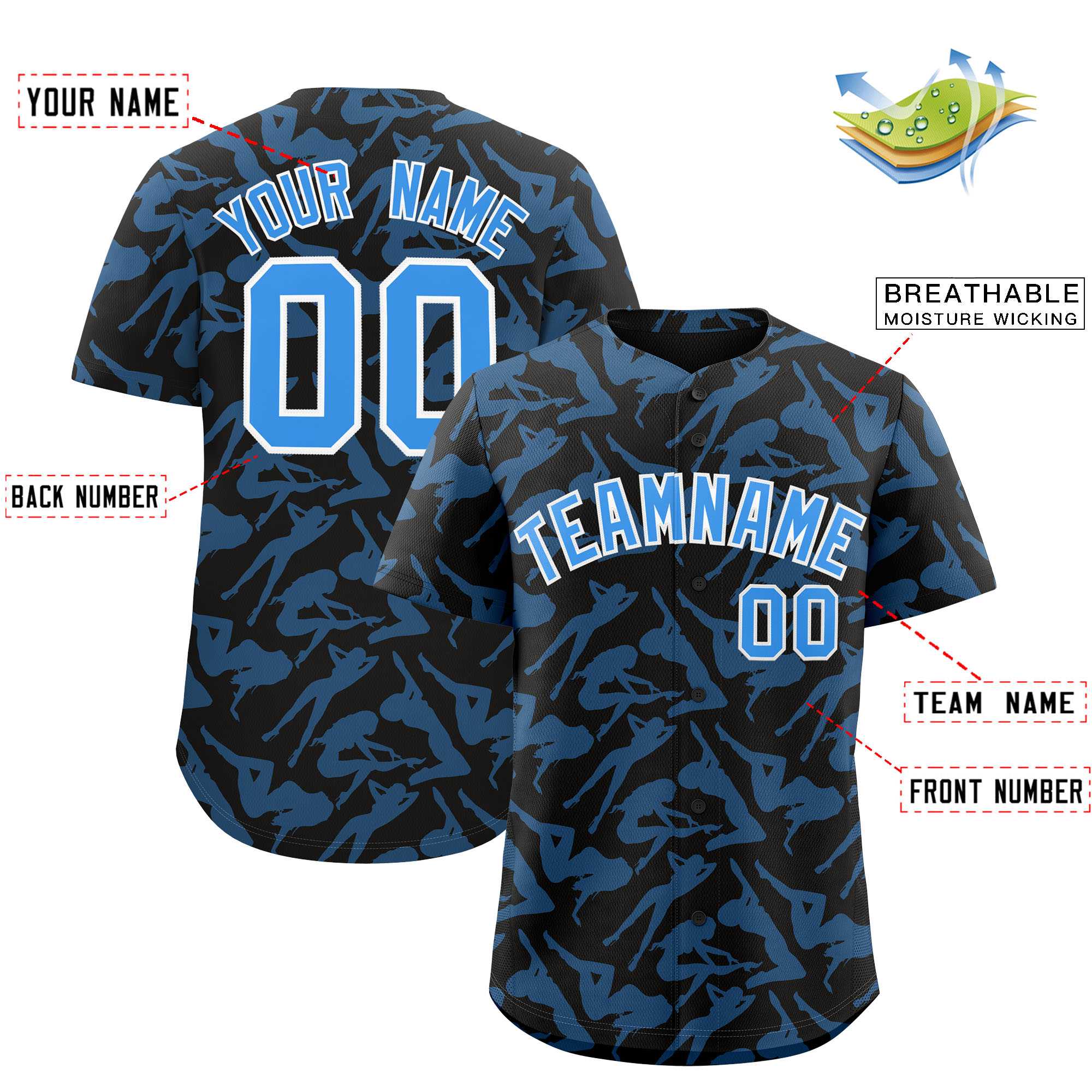 Custom Black Powder Blue Playboy Graffiti Pattern Authentic Baseball Jersey