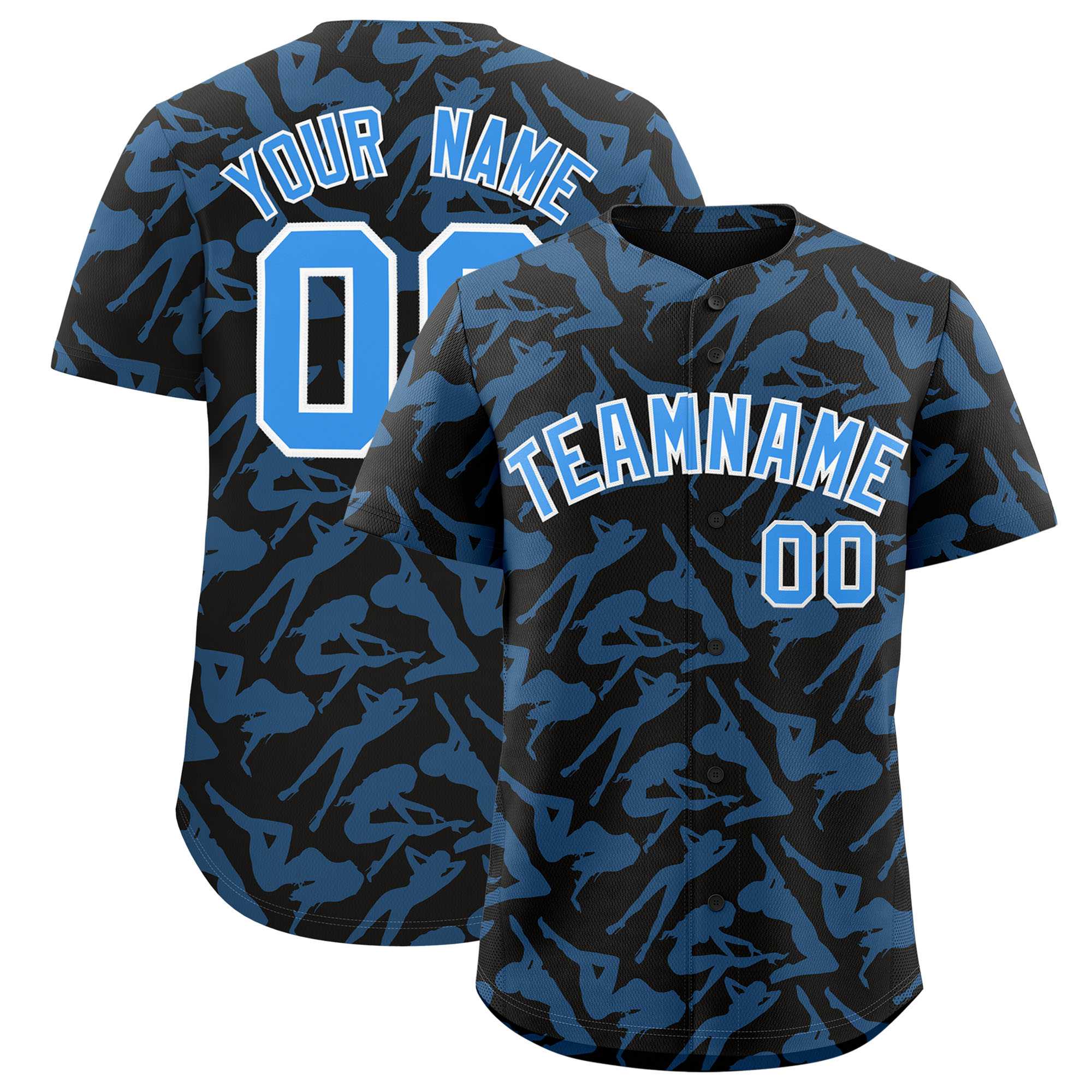 Custom Black Powder Blue Playboy Graffiti Pattern Authentic Baseball Jersey