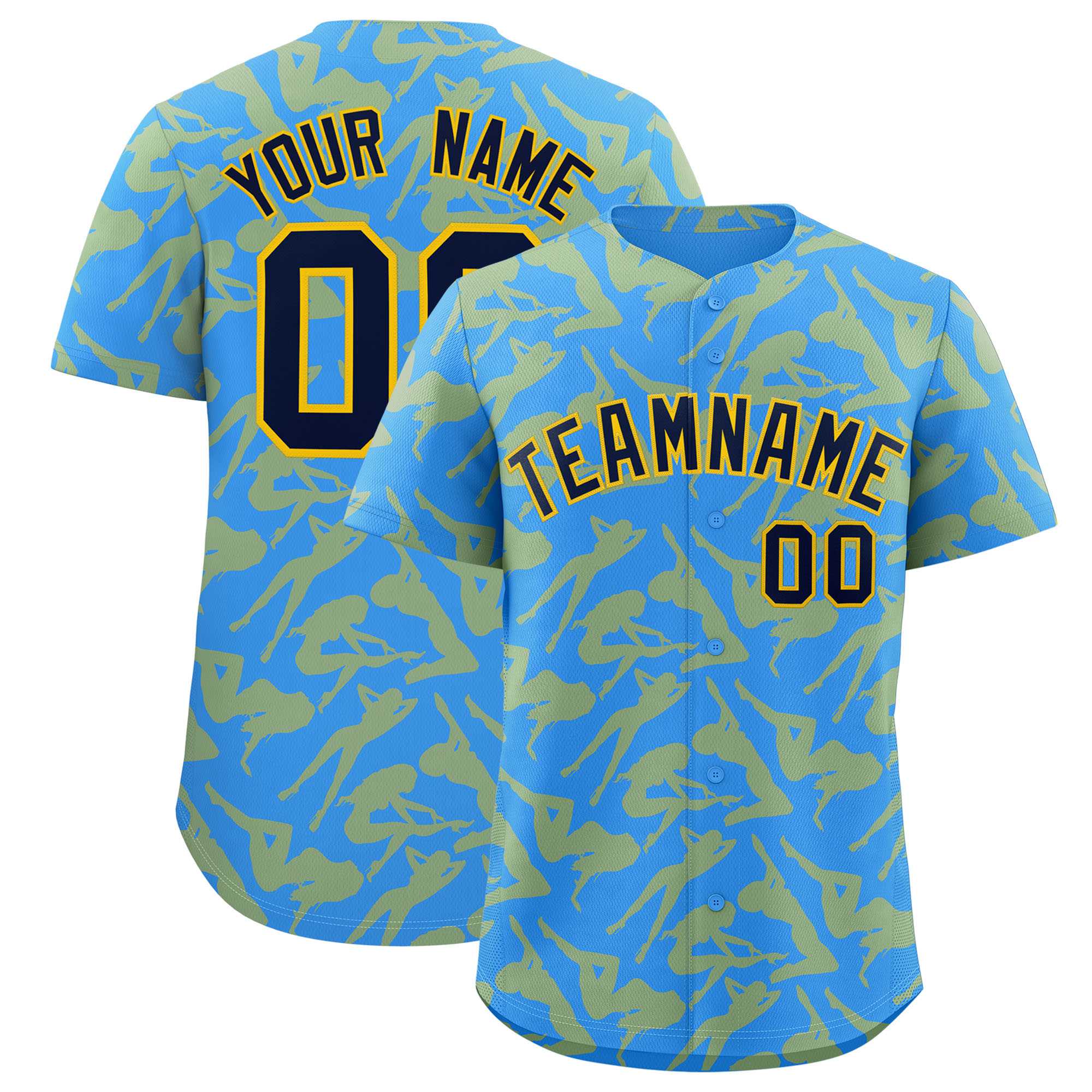 Custom Powder Blue Gold Playboy Graffiti Pattern Authentic Baseball Jersey