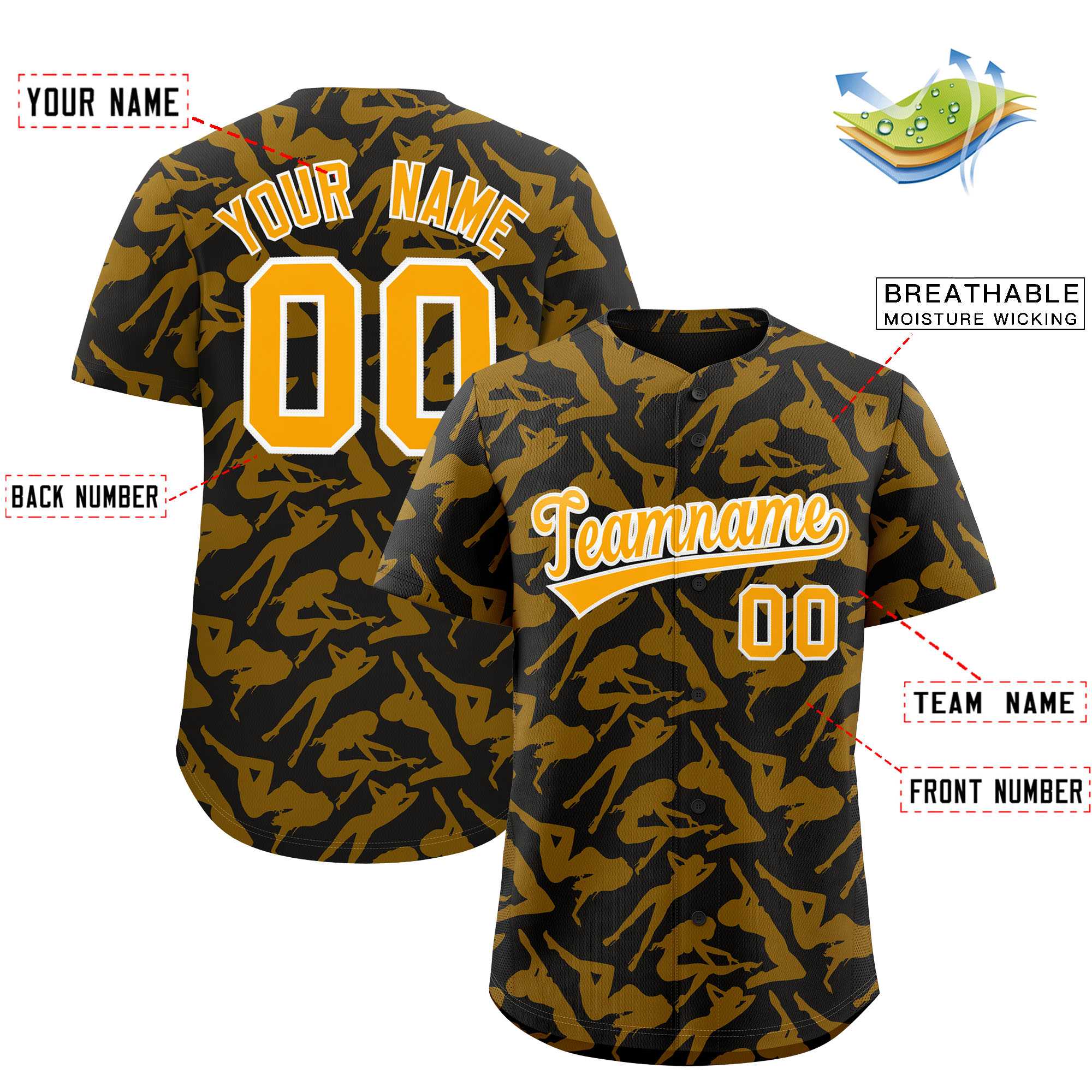 Custom Black Gold Playboy Graffiti Pattern Authentic Baseball Jersey