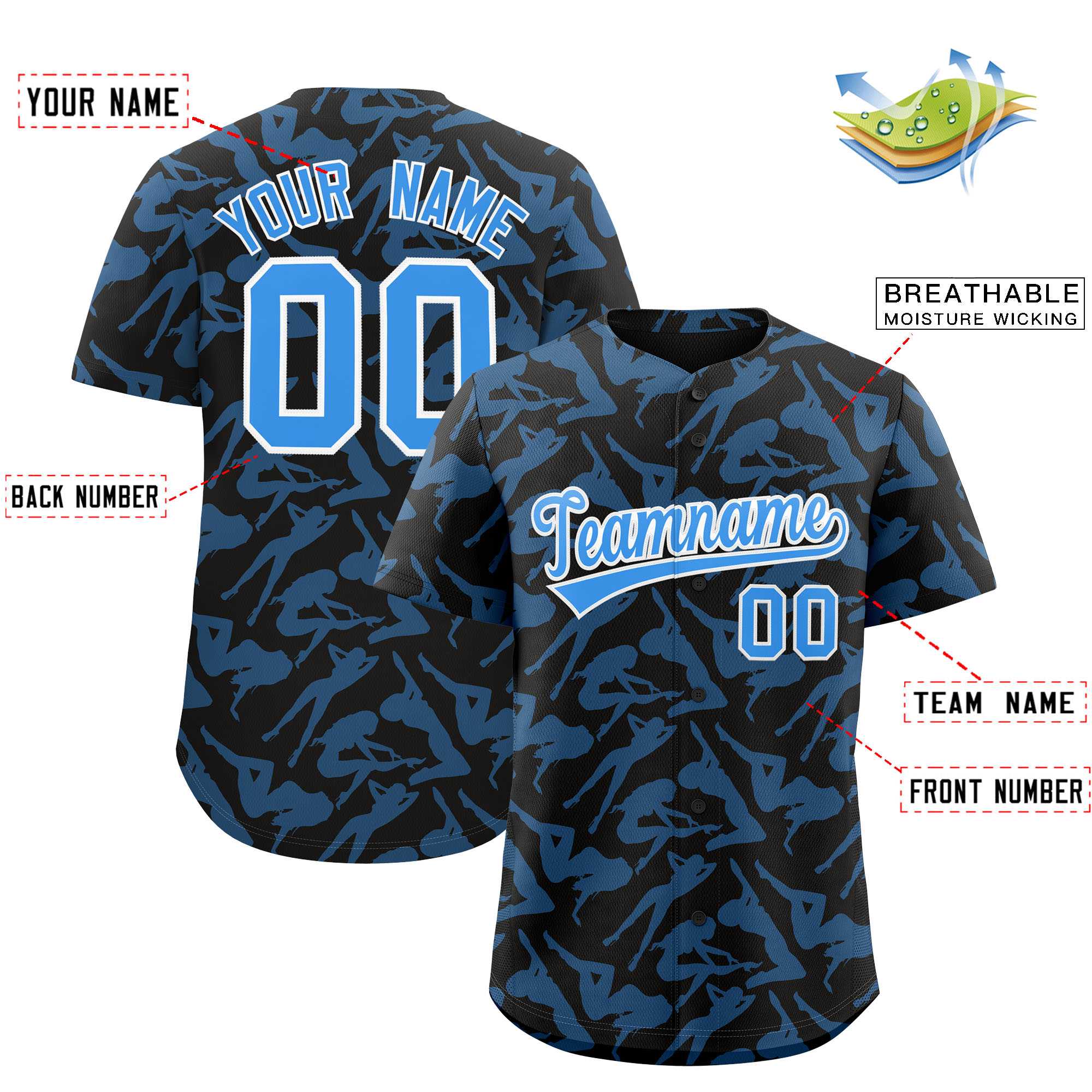 Custom Black Powder Blue Playboy Graffiti Pattern Authentic Baseball Jersey