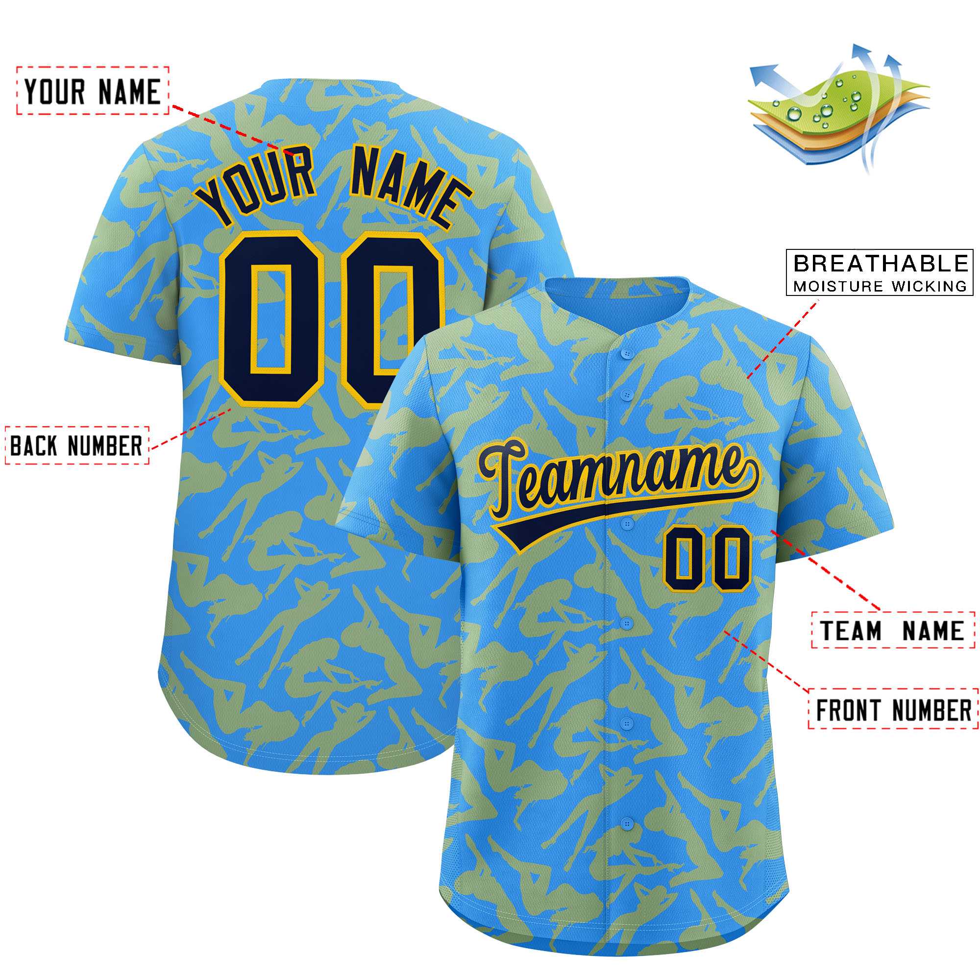 Custom Powder Blue Gold Playboy Graffiti Pattern Authentic Baseball Jersey