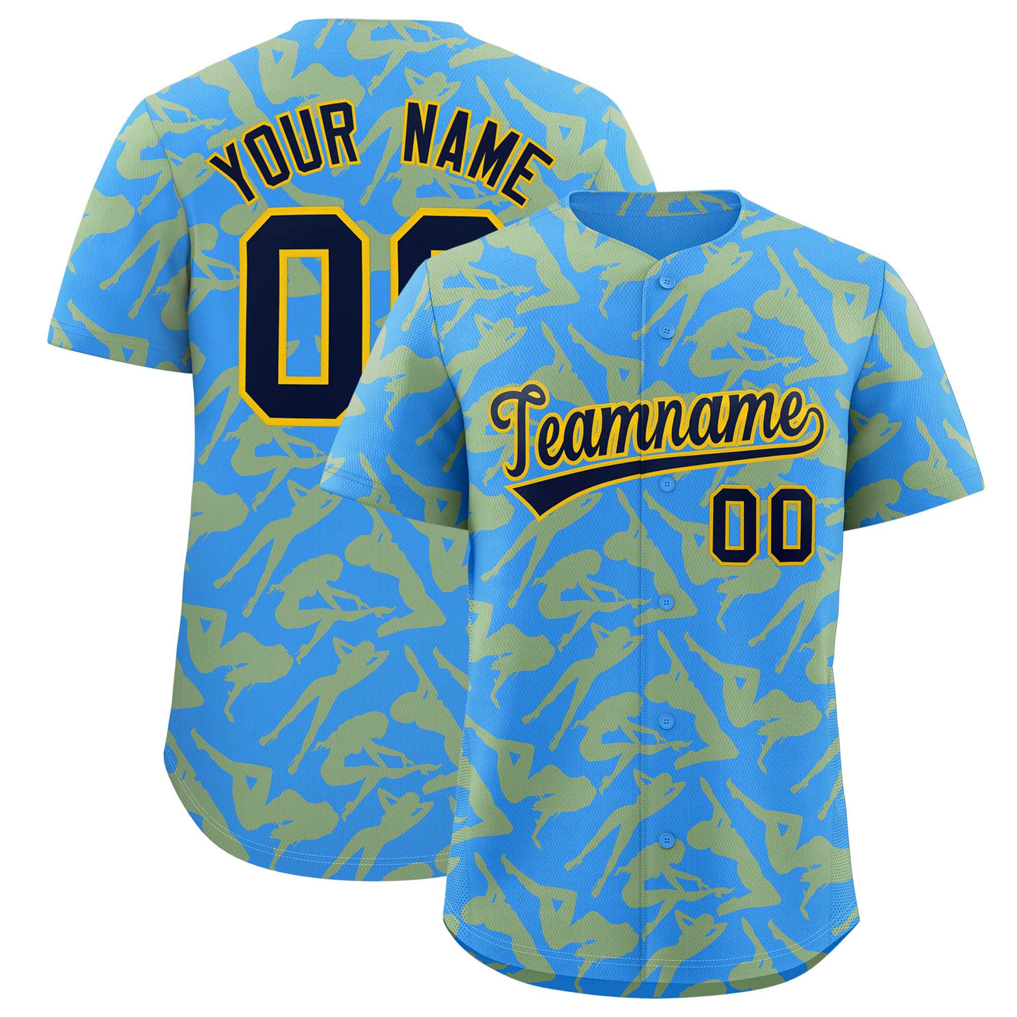 Custom Powder Blue Gold Playboy Graffiti Pattern Authentic Baseball Jersey