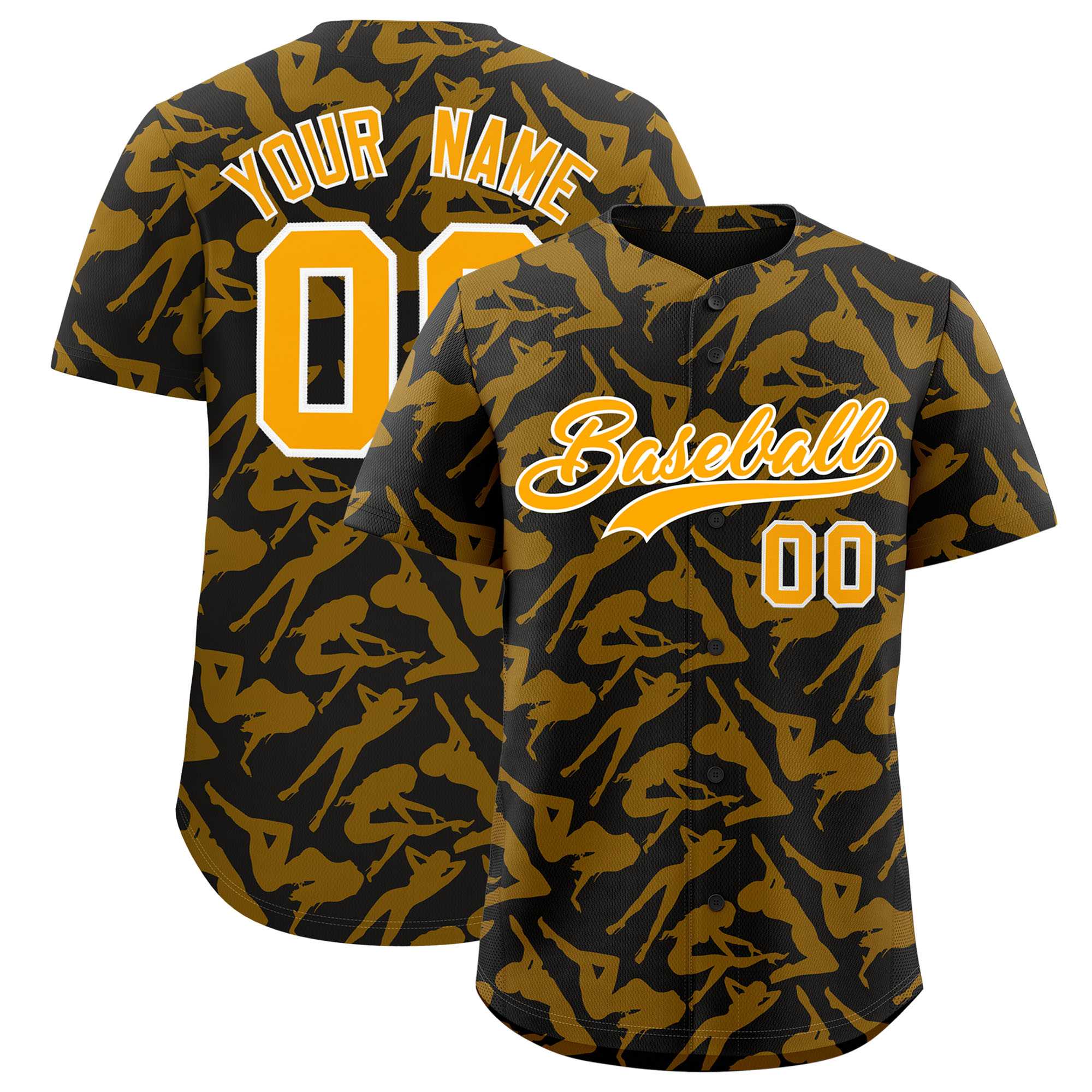 Custom Black Gold Playboy Graffiti Pattern Authentic Baseball Jersey