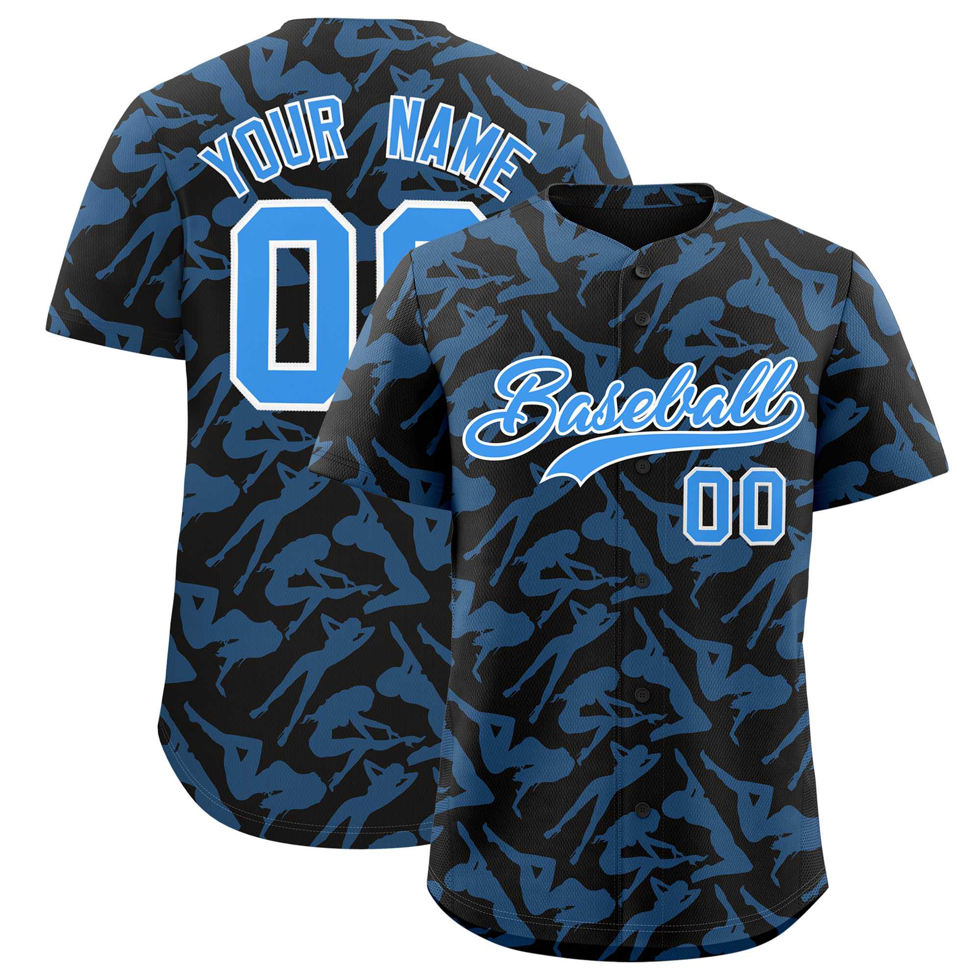 Custom Black Powder Blue Playboy Graffiti Pattern Authentic Baseball Jersey