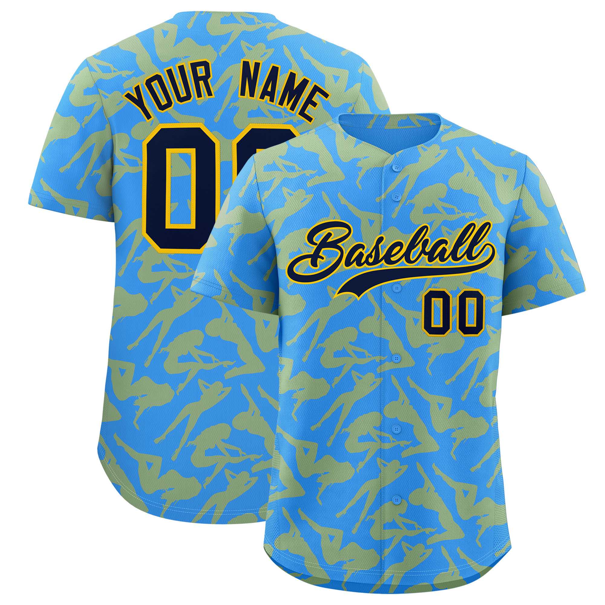 Custom Powder Blue Gold Playboy Graffiti Pattern Authentic Baseball Jersey