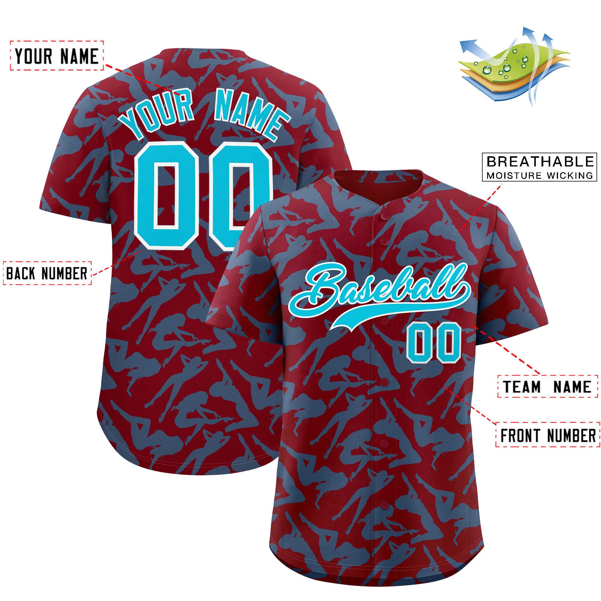 Custom Crimson Sky Blue Playboy Graffiti Pattern Authentic Baseball Jersey