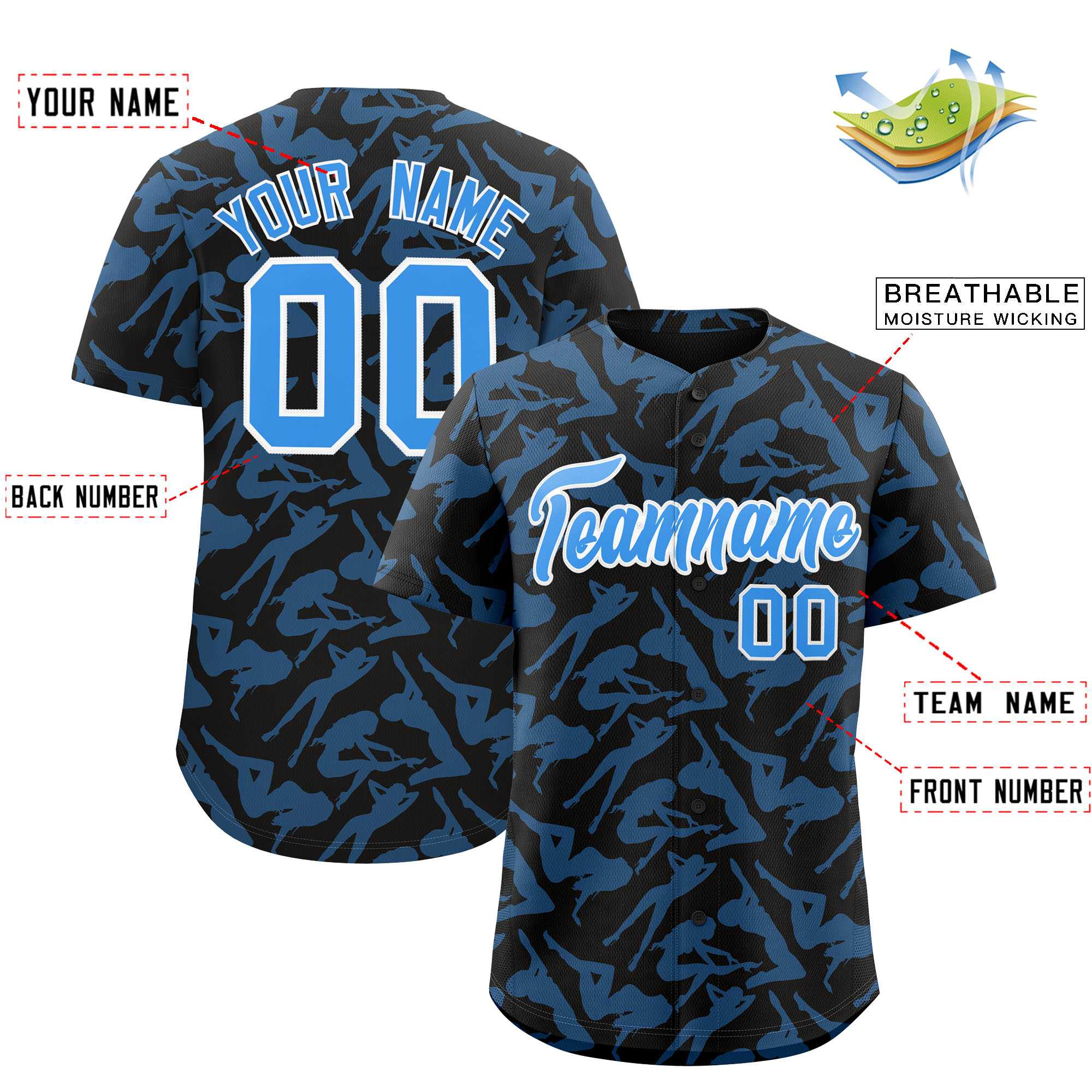 Custom Black Powder Blue Playboy Graffiti Pattern Authentic Baseball Jersey