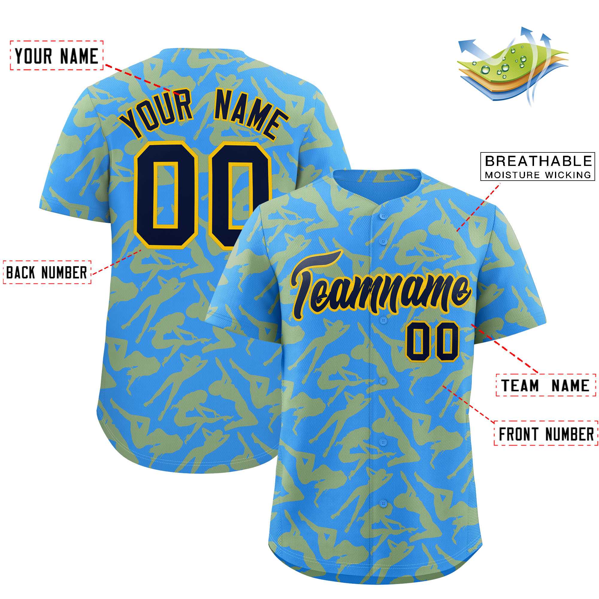 Custom Powder Blue Gold Playboy Graffiti Pattern Authentic Baseball Jersey