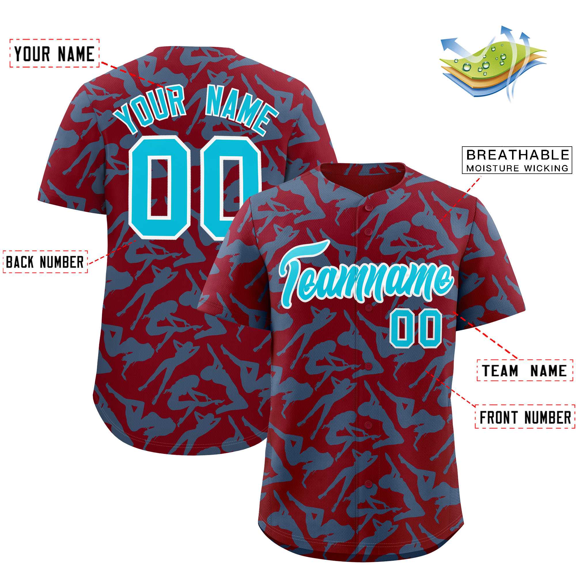 Custom Crimson Sky Blue Playboy Graffiti Pattern Authentic Baseball Jersey