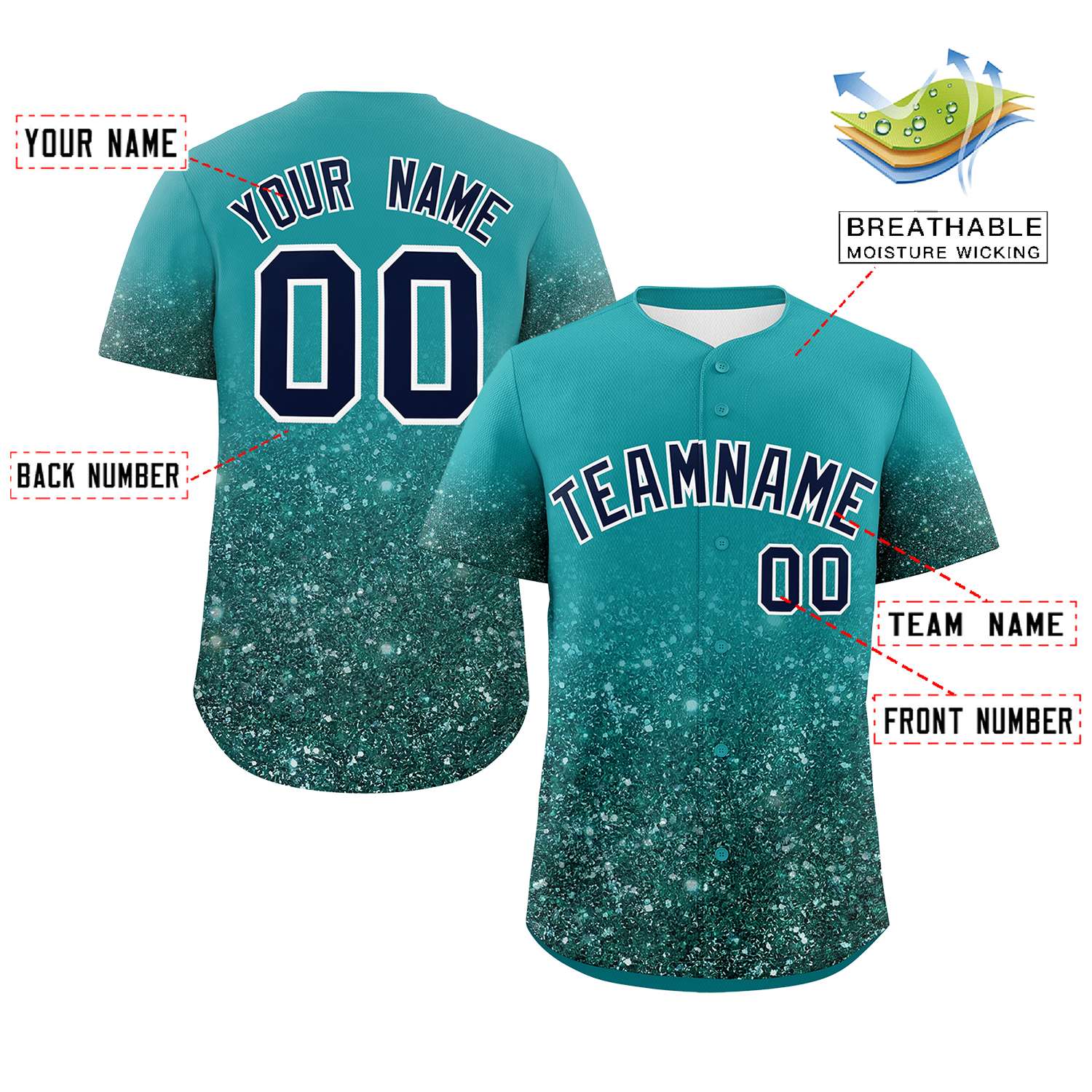 Custom Aqua Black Sequins Pattern Gradient Fashion Authentic Baseball Jersey