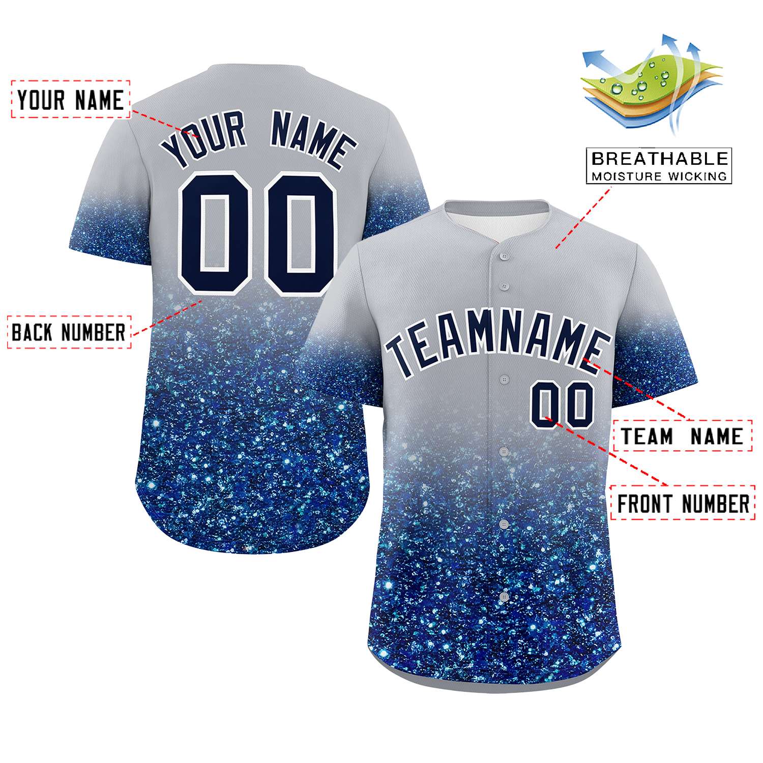 Custom Gray Navy Sequins Pattern Gradient Fashion Authentic Baseball Jersey