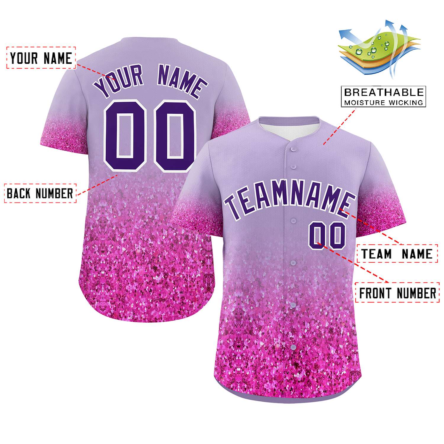 Custom Light Purple Purple Sequins Pattern Gradient Fashion Authentic Baseball Jersey