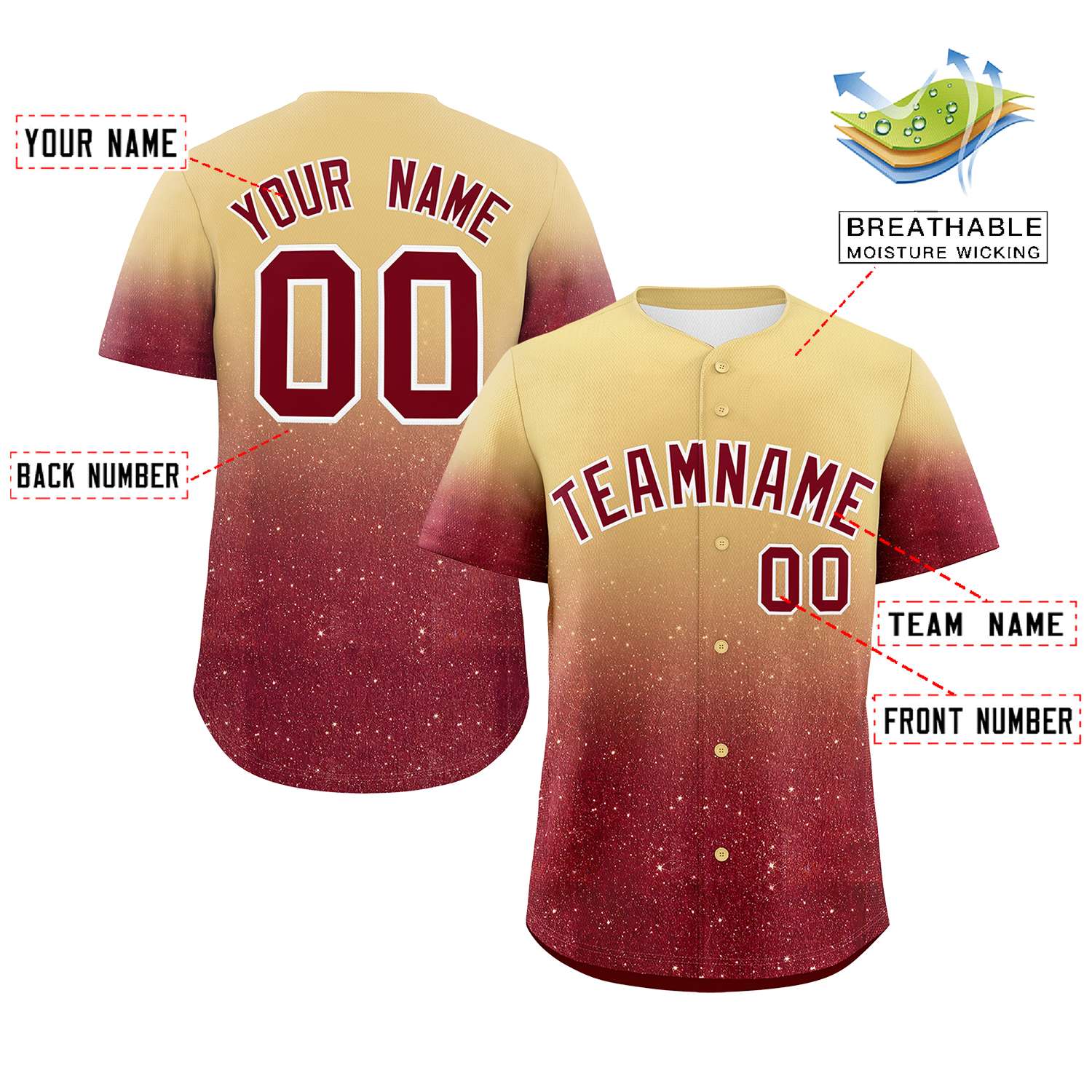 Custom Khaki Crimson Sequins Pattern Gradient Fashion Authentic Baseball Jersey