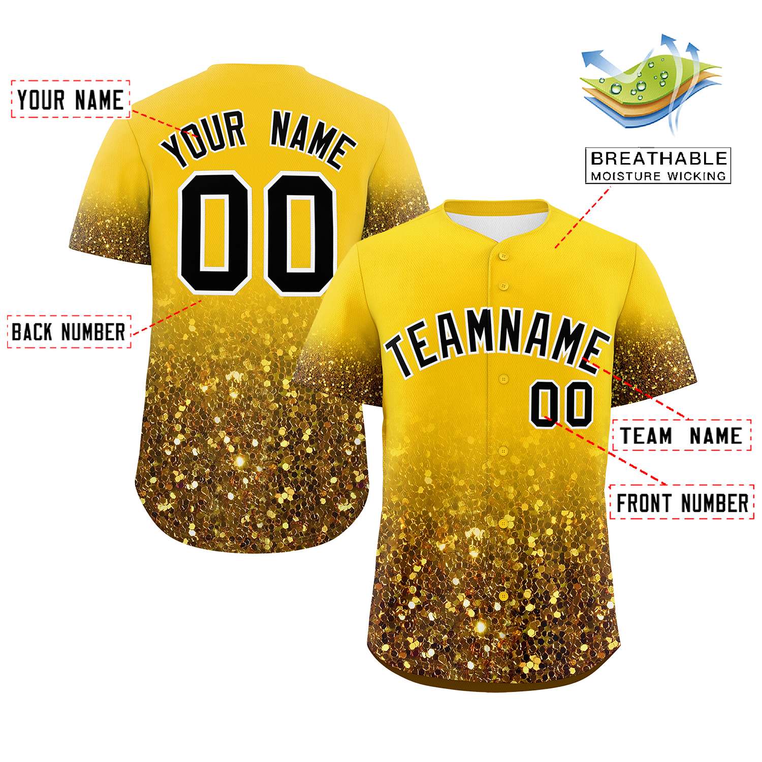 Custom Gold Black Sequins Pattern Gradient Fashion Authentic Baseball Jersey