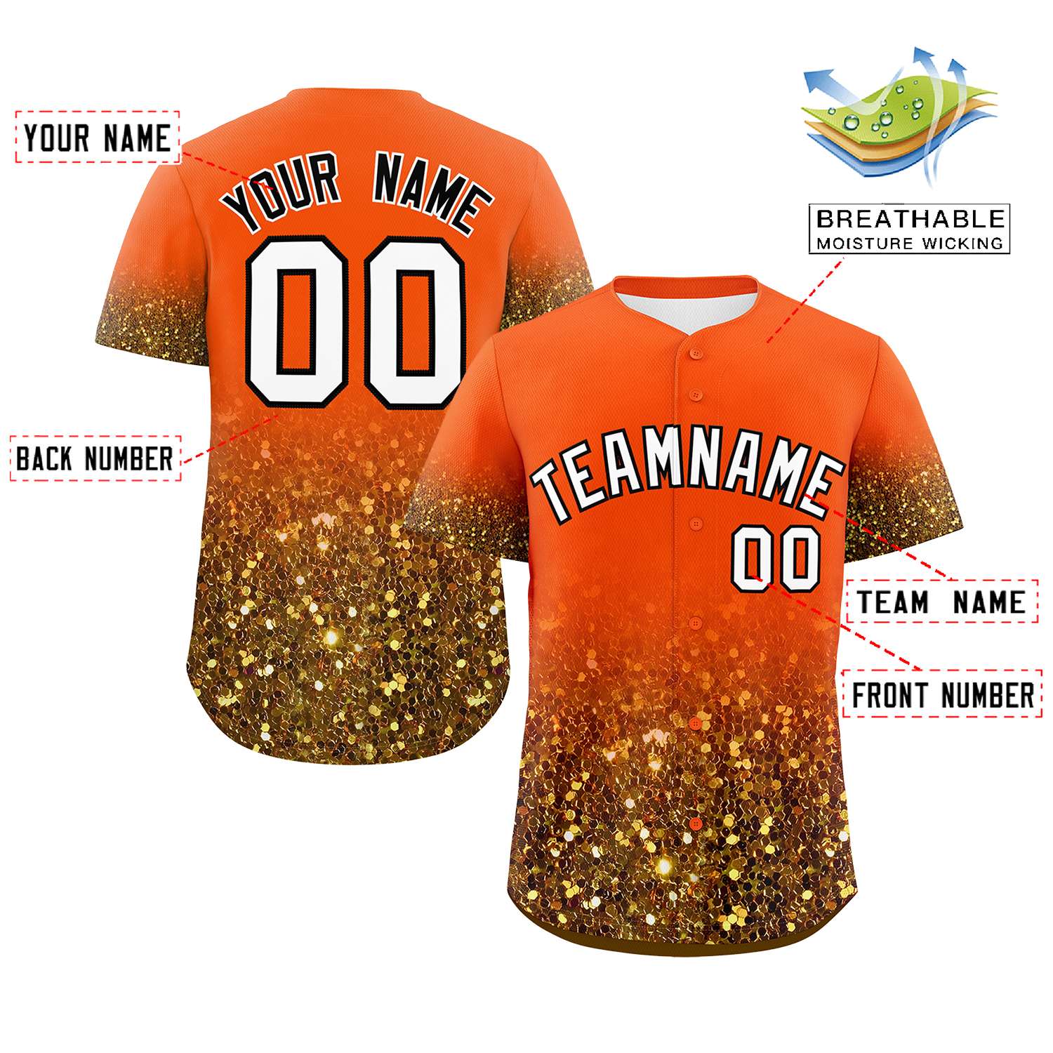 Custom Orange White Sequins Pattern Gradient Fashion Authentic Baseball Jersey