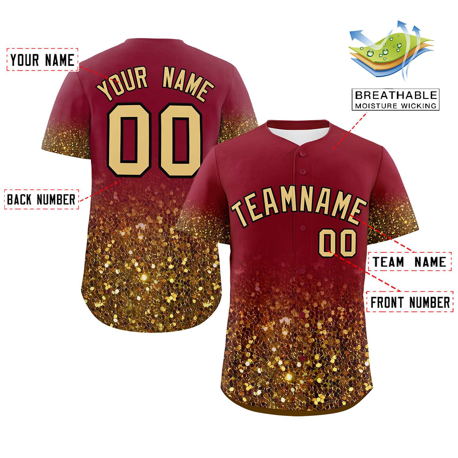 Custom Crimson Old Gold Sequins Pattern Gradient Fashion Authentic Baseball Jersey