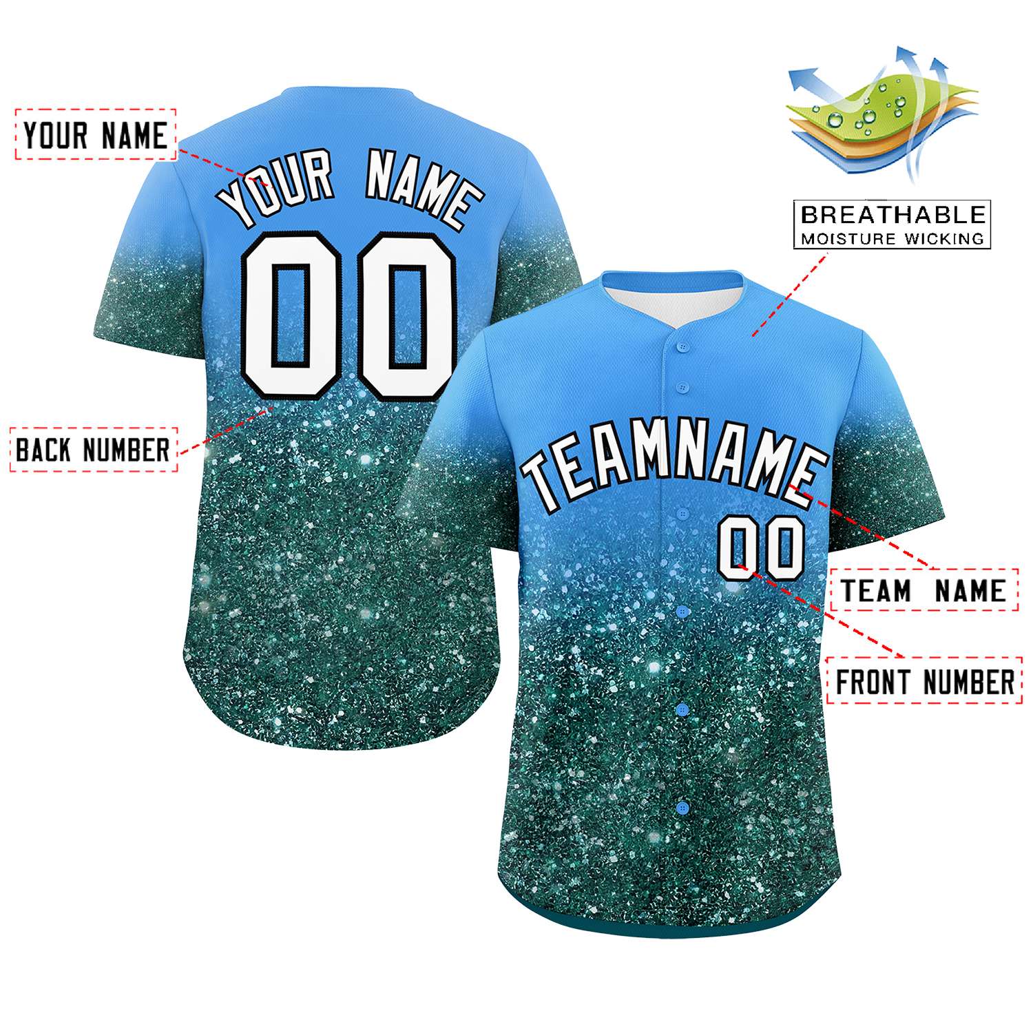 Custom Powder Blue White Sequins Pattern Gradient Fashion Authentic Baseball Jersey