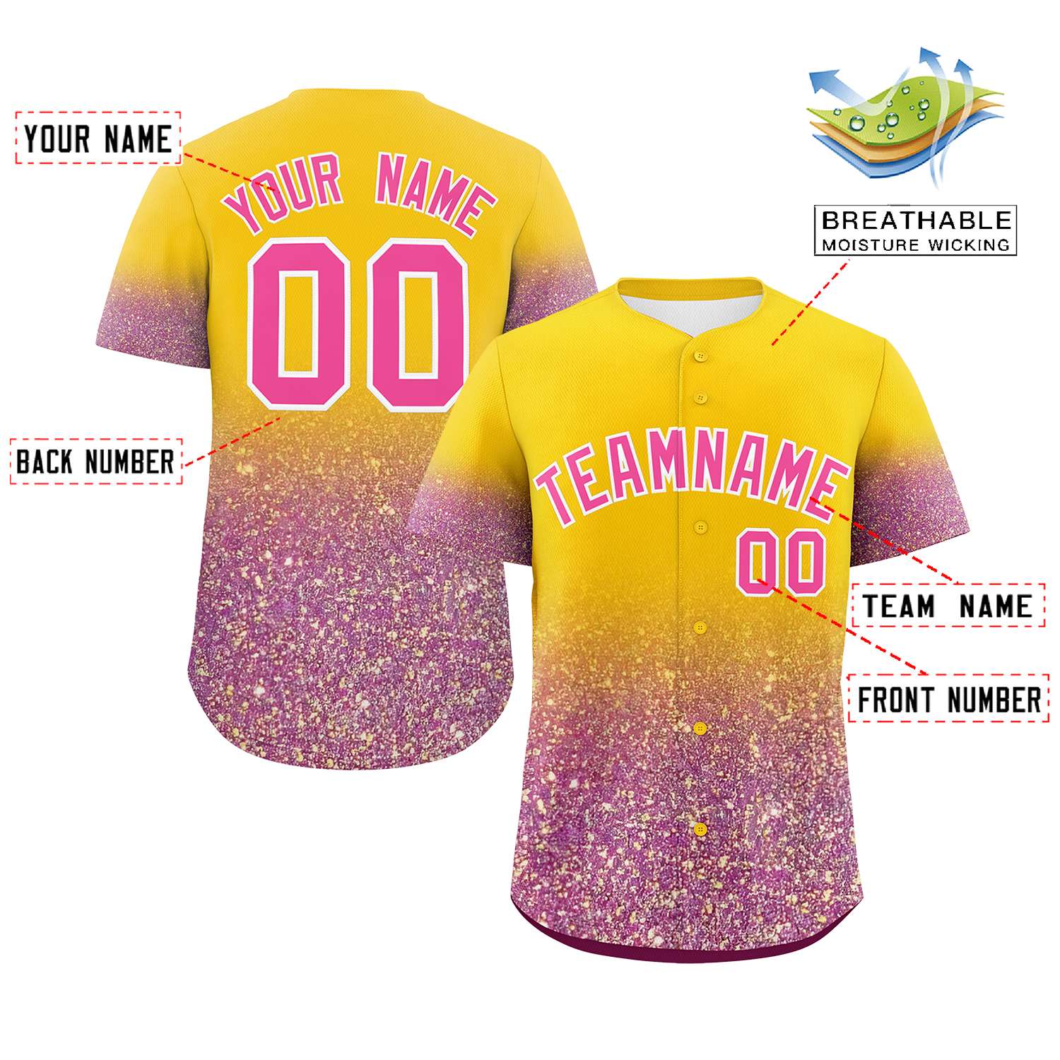 Custom Gold Pink Sequins Pattern Gradient Fashion Authentic Baseball Jersey