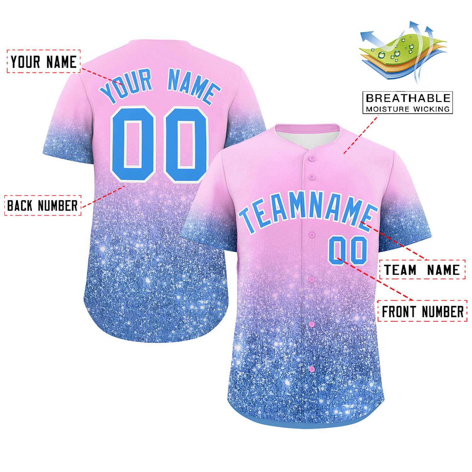 Custom Light Pink Powder Blue Sequins Pattern Gradient Fashion Authentic Baseball Jersey