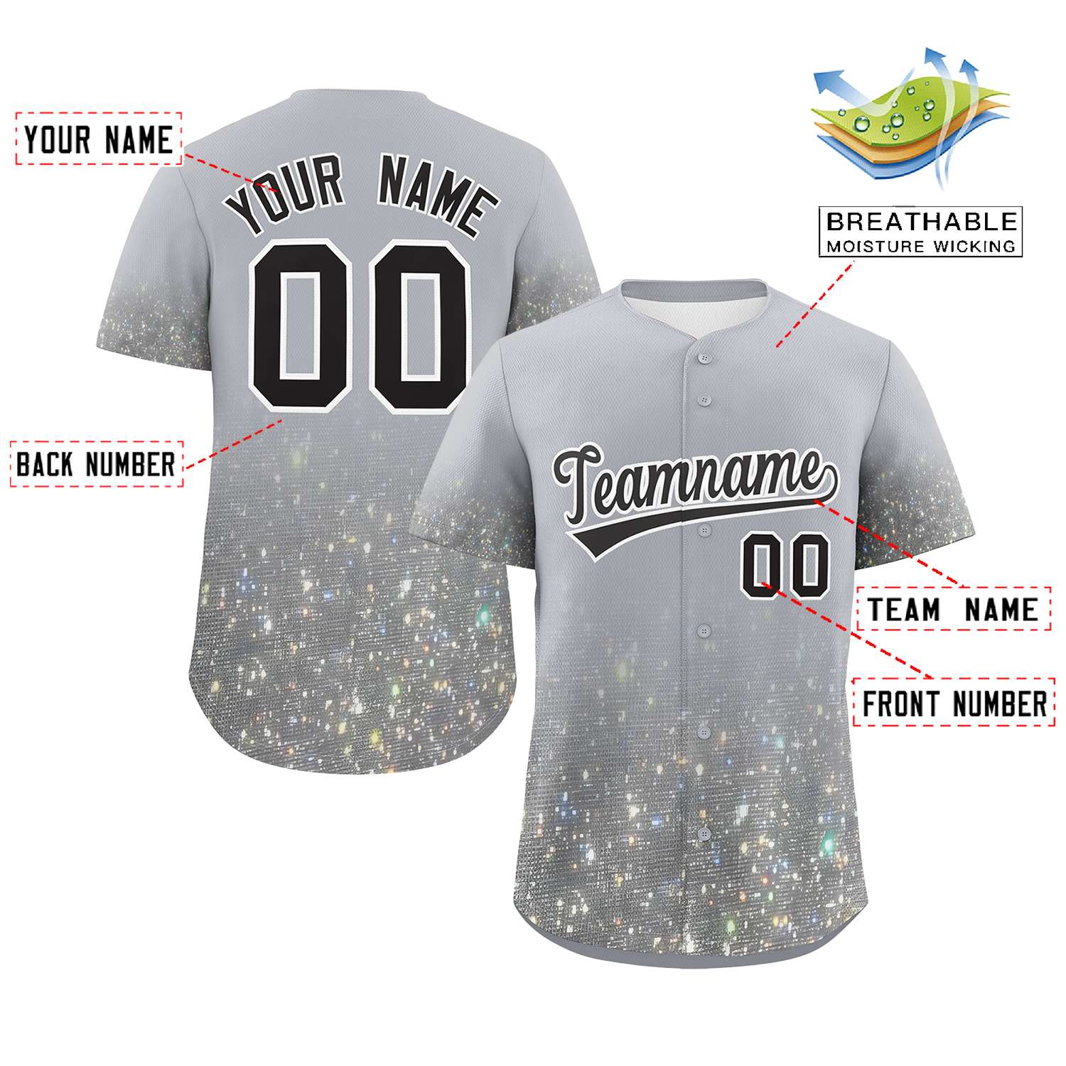 Custom Gray Black Sequins Pattern Gradient Fashion Authentic Baseball Jersey