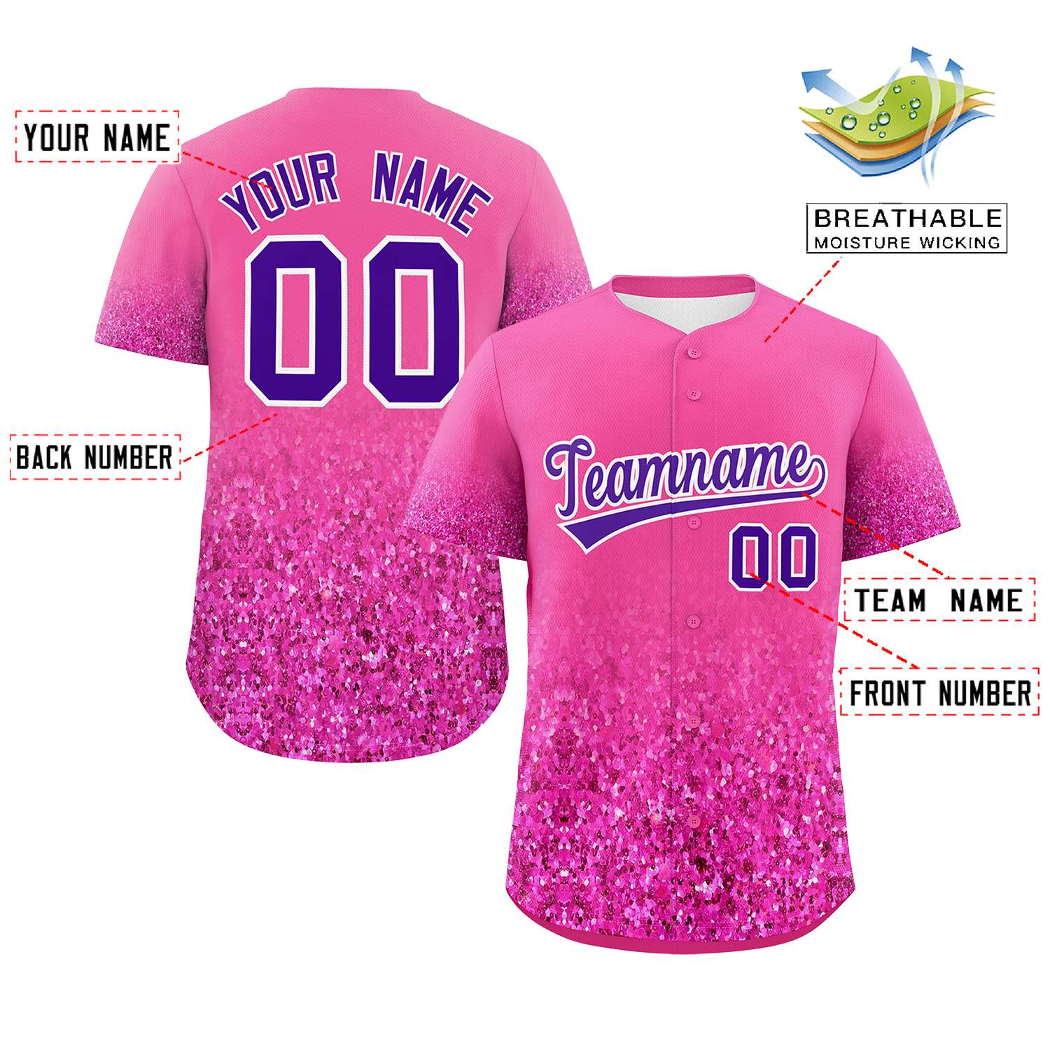 Custom Pink Purple Sequins Pattern Gradient Fashion Authentic Baseball Jersey