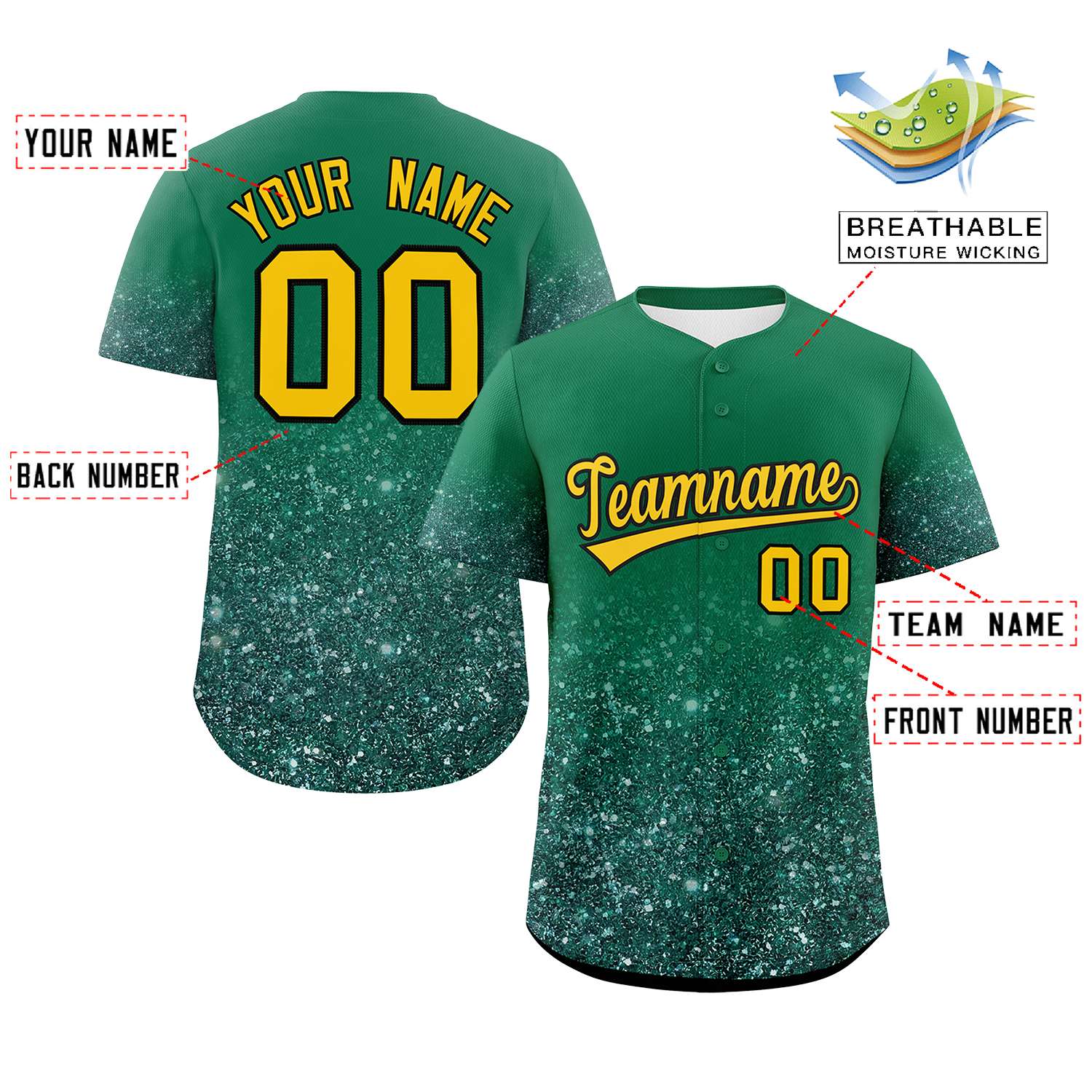 Custom Teal Gold Sequins Pattern Gradient Fashion Authentic Baseball Jersey