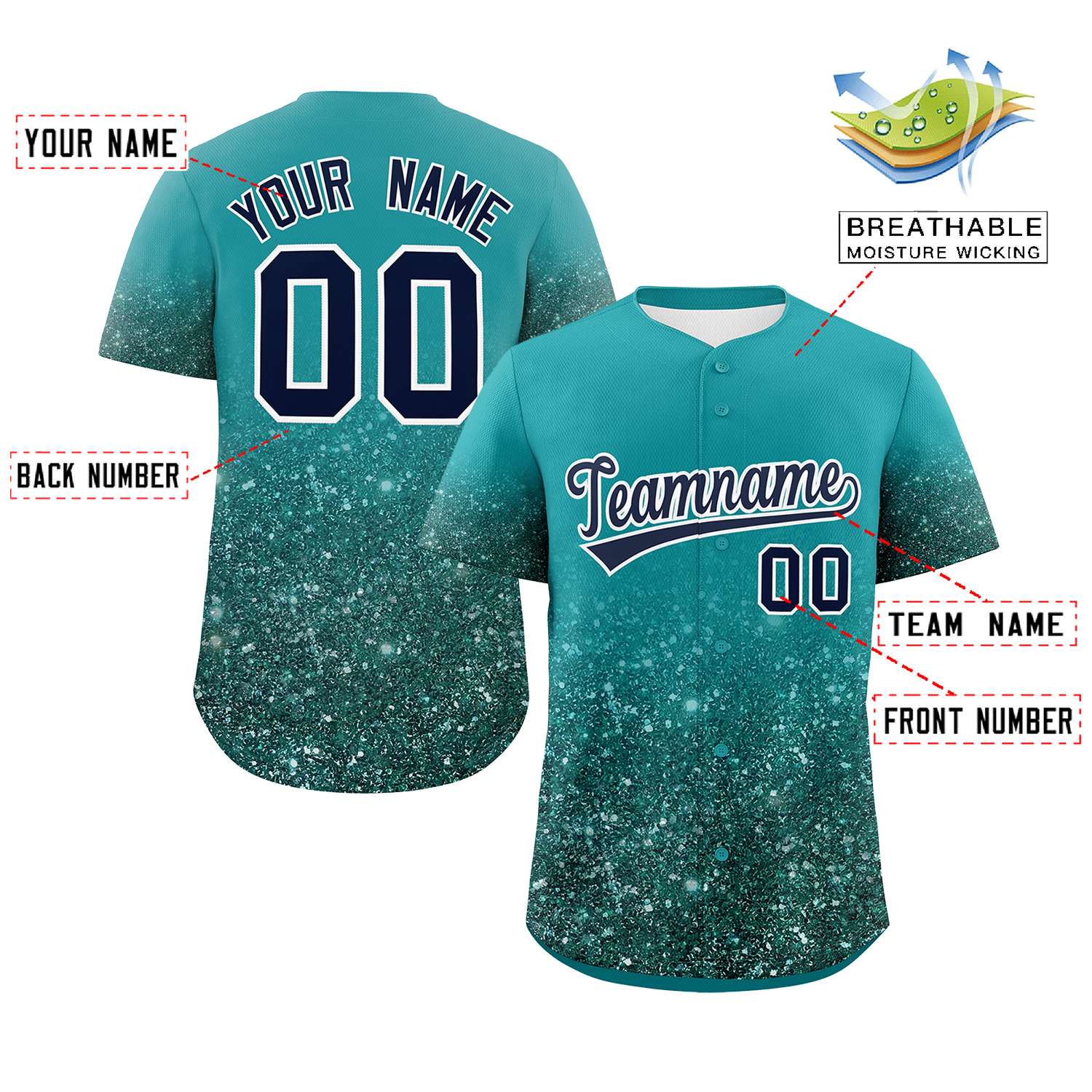 Custom Aqua Black Sequins Pattern Gradient Fashion Authentic Baseball Jersey