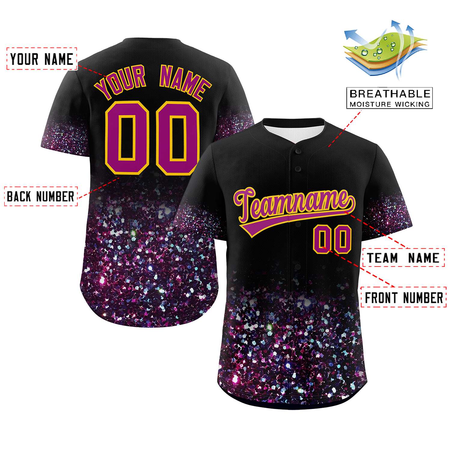 Custom Black Dark Pink Sequins Pattern Gradient Fashion Authentic Baseball Jersey