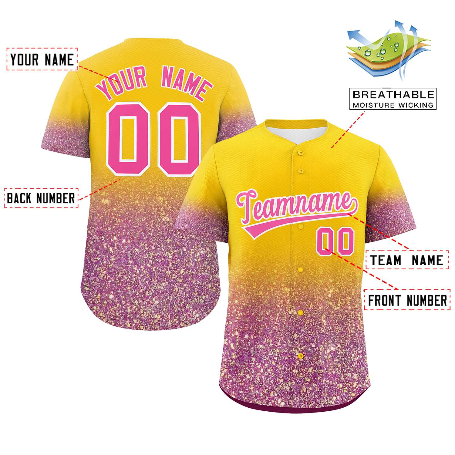 Custom Gold Pink Sequins Pattern Gradient Fashion Authentic Baseball Jersey