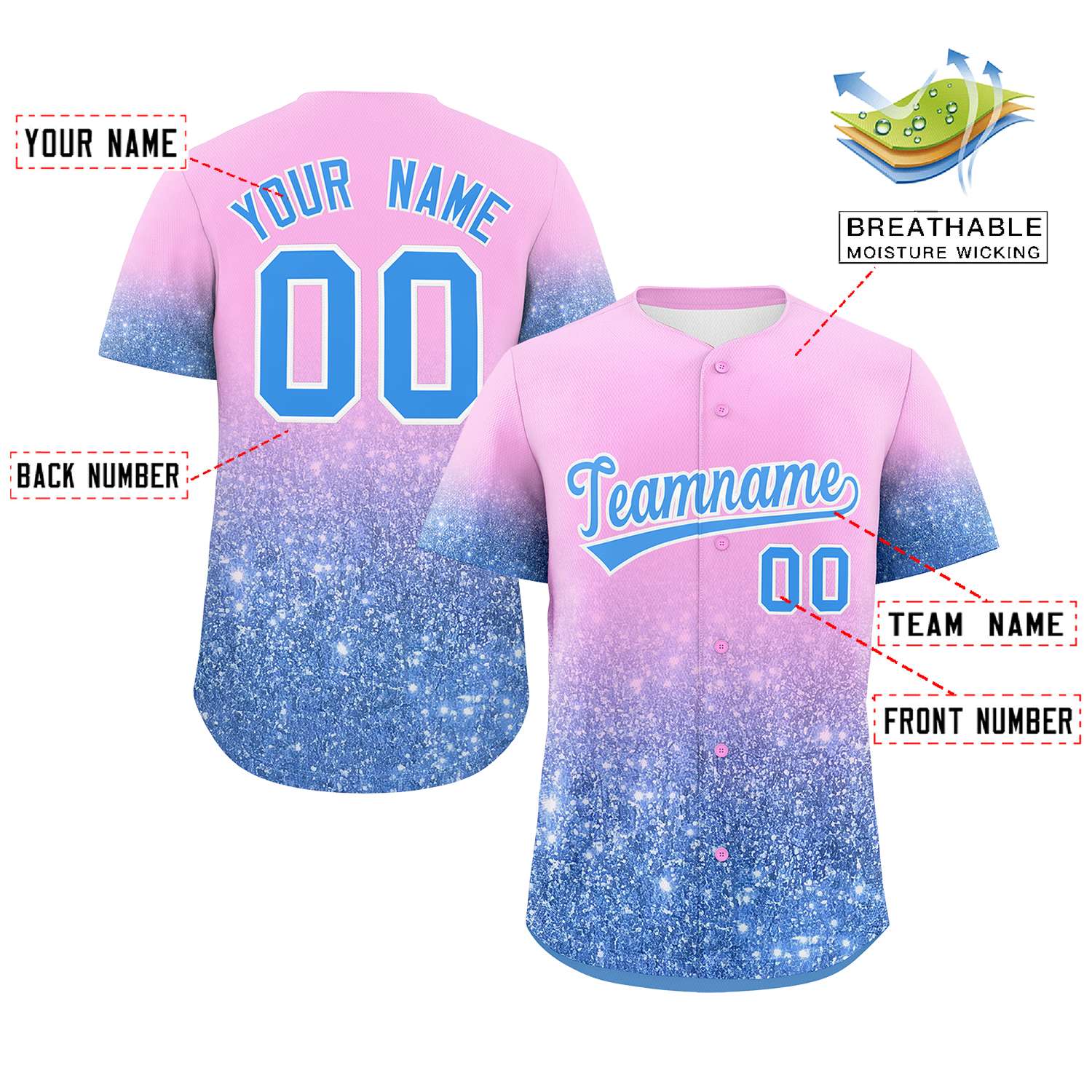 Custom Light Pink Powder Blue Sequins Pattern Gradient Fashion Authentic Baseball Jersey