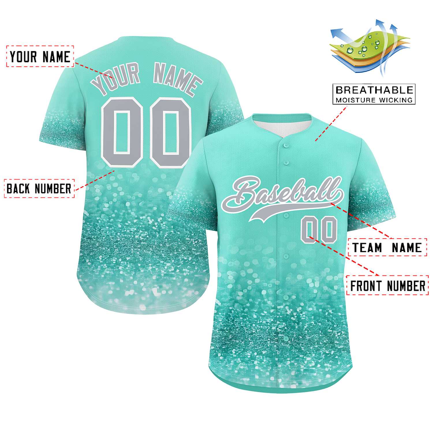 Custom Aqua Gray Sequins Pattern Gradient Fashion Authentic Baseball Jersey