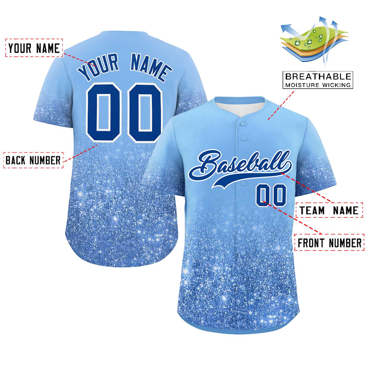 Custom Light Blue Royal Sequins Pattern Gradient Fashion Authentic Baseball Jersey