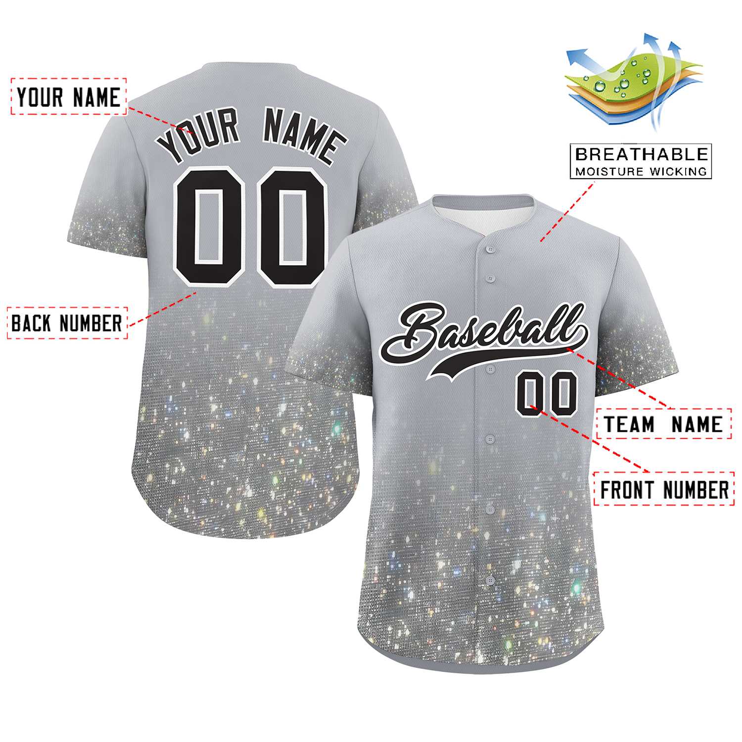 Custom Gray Black Sequins Pattern Gradient Fashion Authentic Baseball Jersey