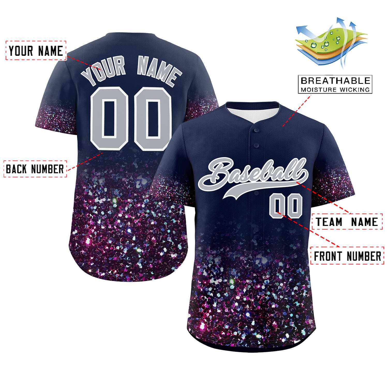 Custom Navy Gray Sequins Pattern Gradient Fashion Authentic Baseball Jersey