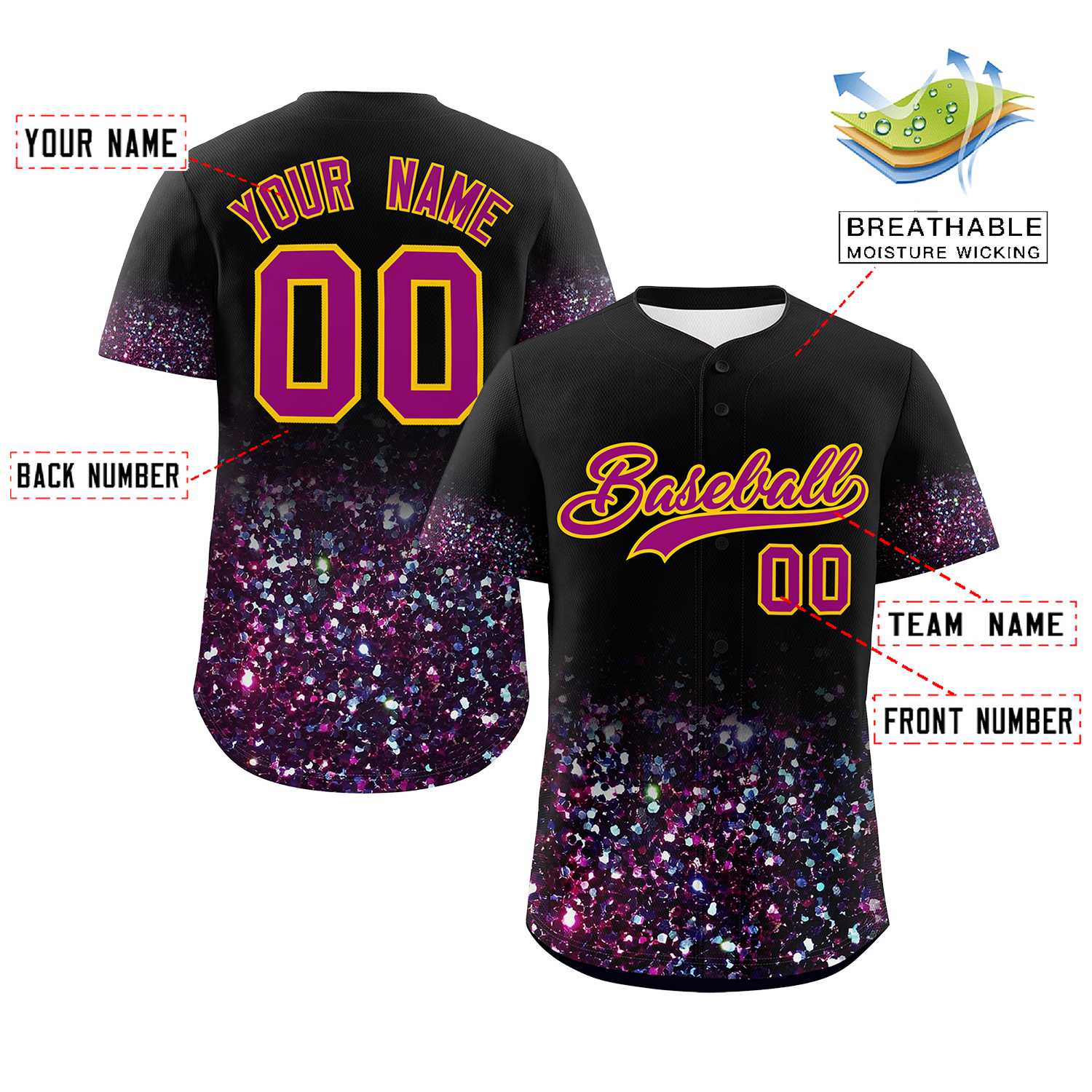 Custom Black Dark Pink Sequins Pattern Gradient Fashion Authentic Baseball Jersey